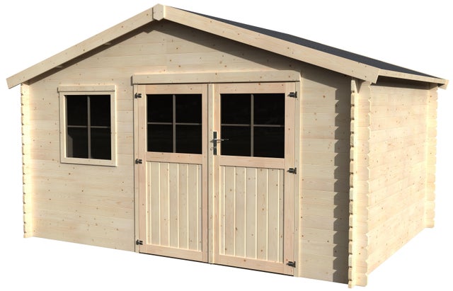 Casetta da giardino in legno naturale 3 x 4 m, superficie esterna 11.86 m² e spessore parete 28 mm, senza pavimento porta a due ante, DECOR ET JARDIN Tana