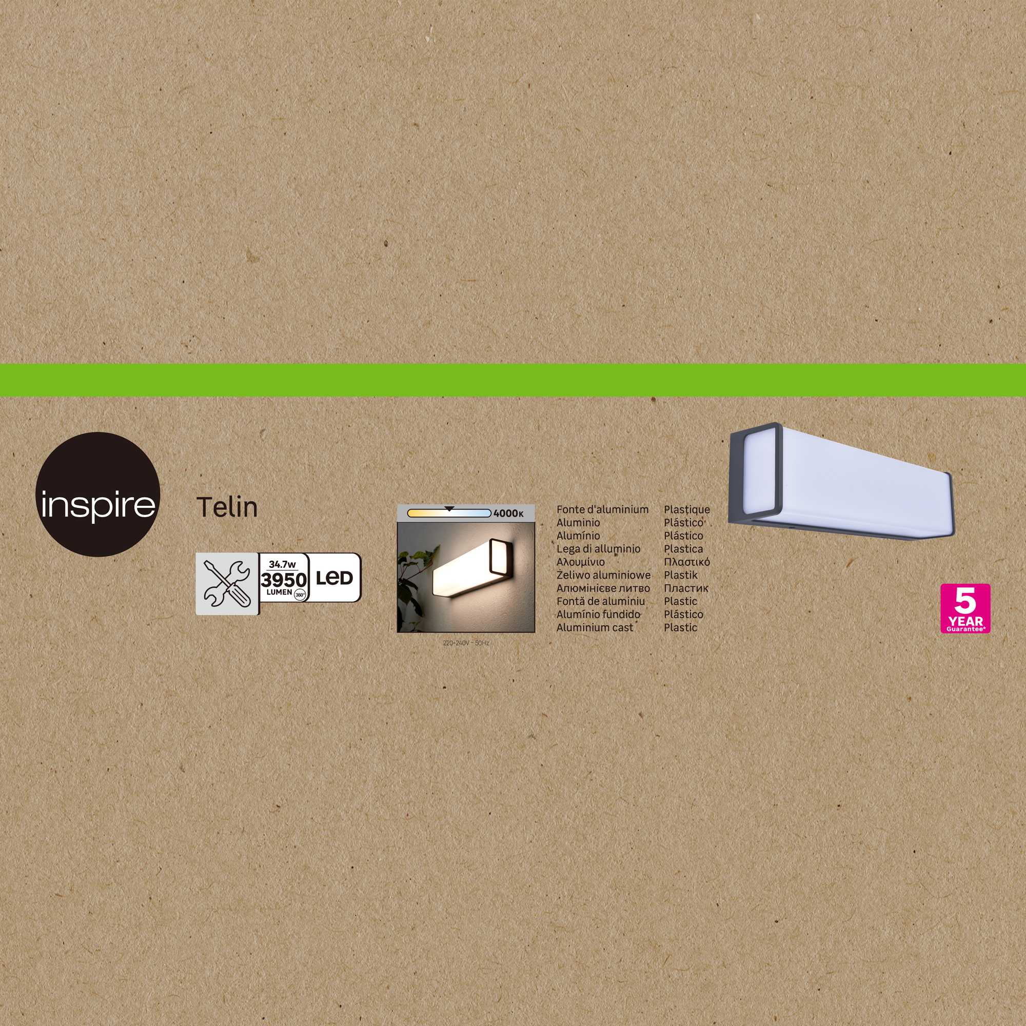 Candeeiro de parede exterior led Telin 3900lm 4000K cinzento Inspire - 9