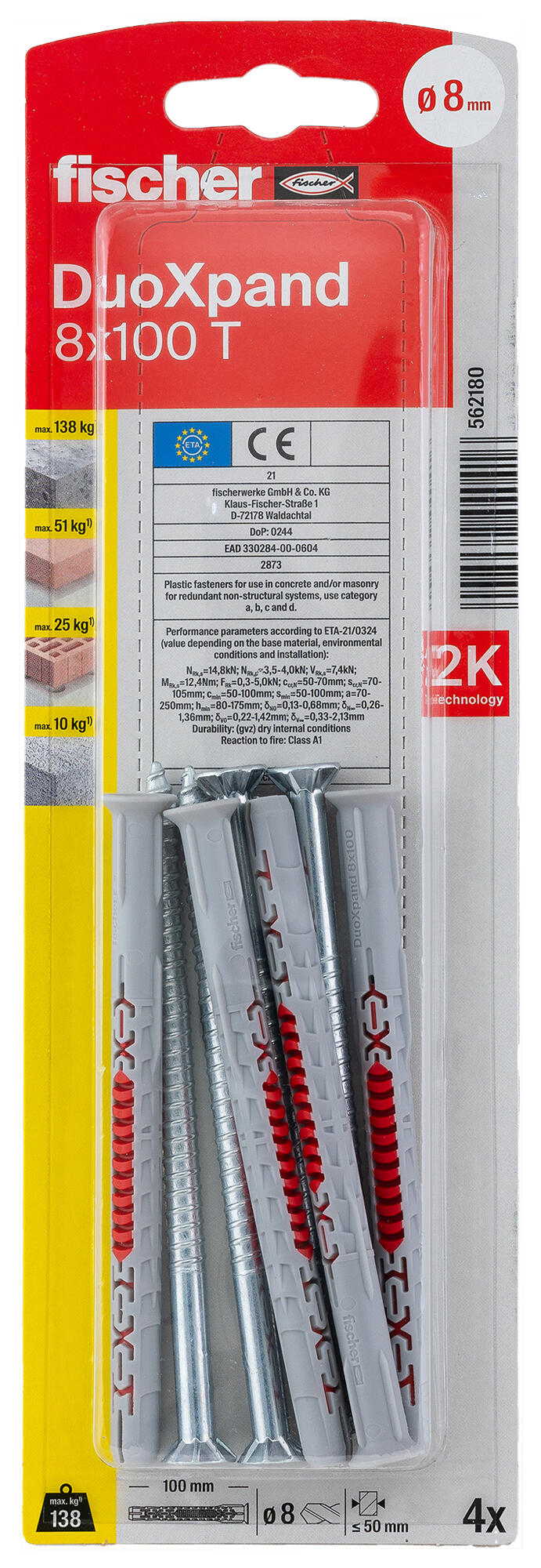 Set di tasselli con vite FISCHER DuoXpand 8x100 T K in nylon ø 8 mm, 4 pezzi - 4