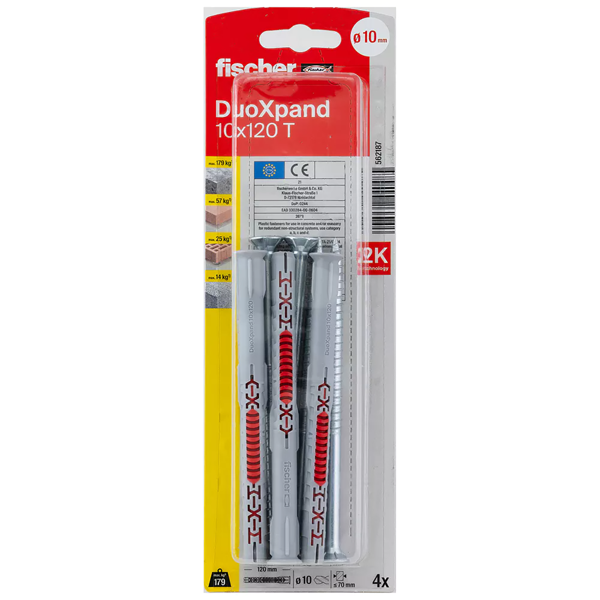 Set di tasselli con vite FISCHER DuoXpand 10x120 T K in nylon ø 10 mm, 4 pezzi - 4