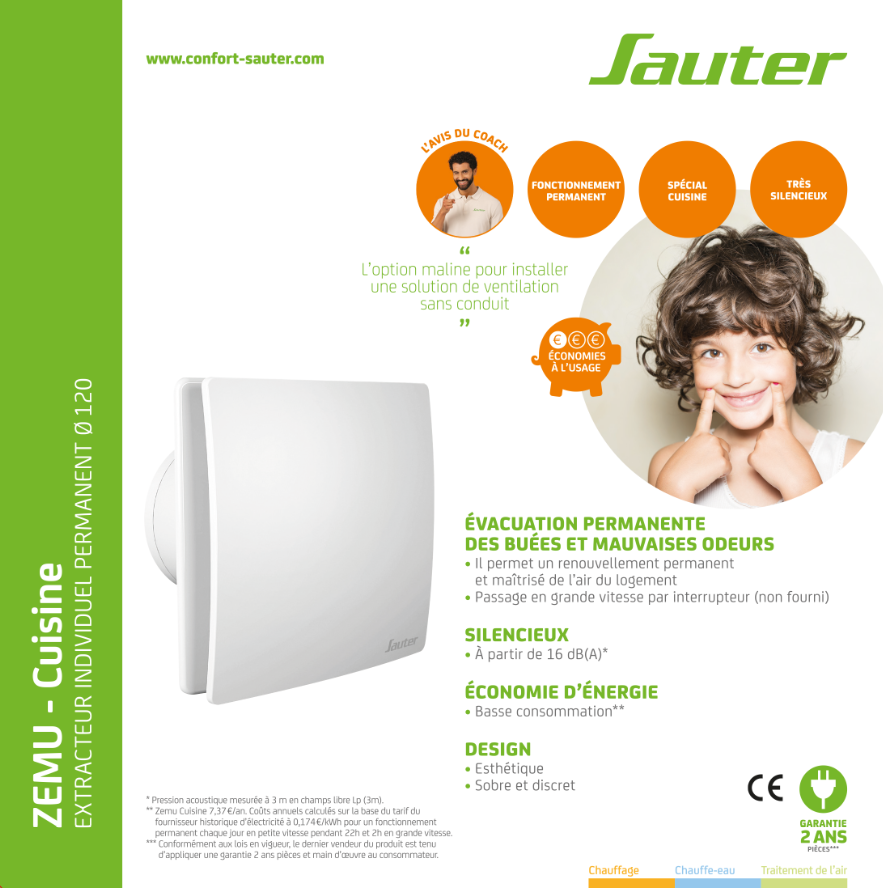 Aérateur extracteur permanent à interrupteur SAUTER Zemu Cuisine 120 mm - 5