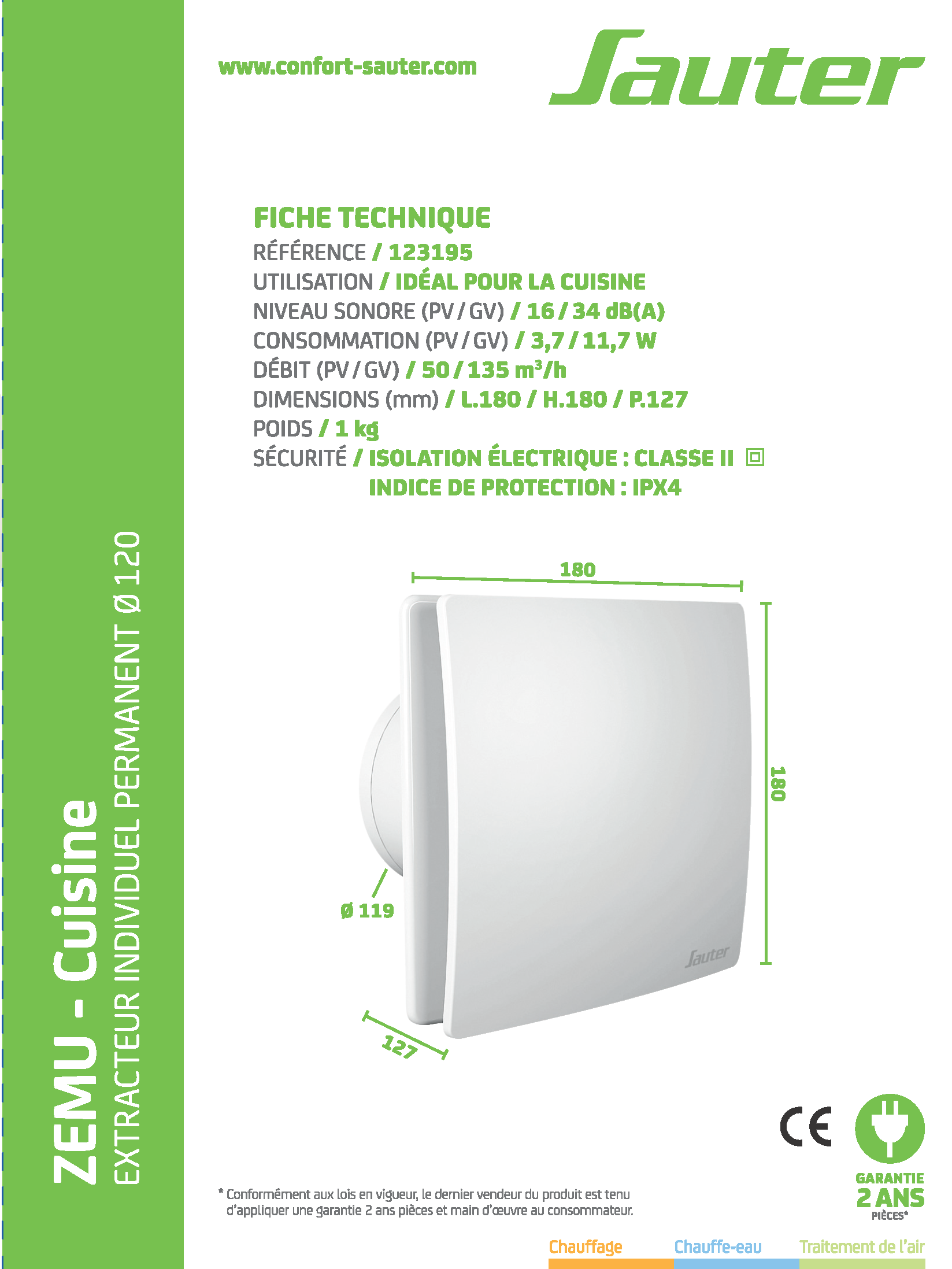 Aérateur extracteur permanent à interrupteur SAUTER Zemu Cuisine 120 mm - 7