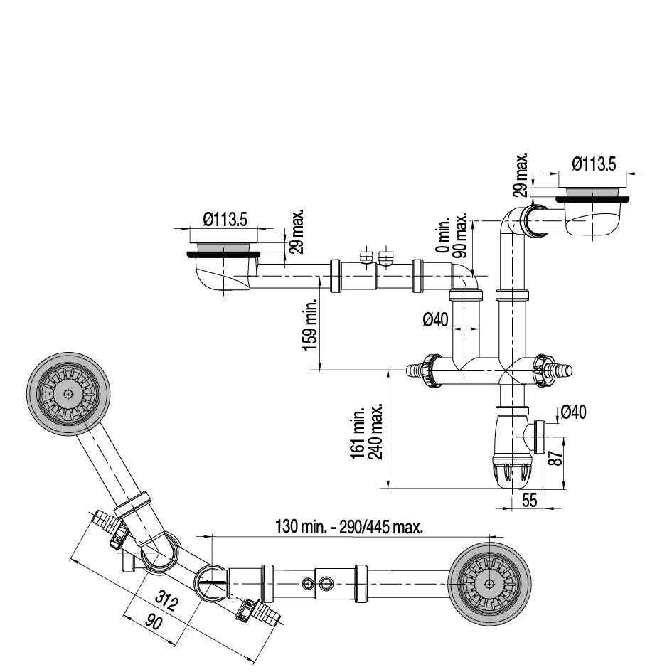 Vidage complet évier 2 cuves, VALENTIN Diam.90 mm - 2