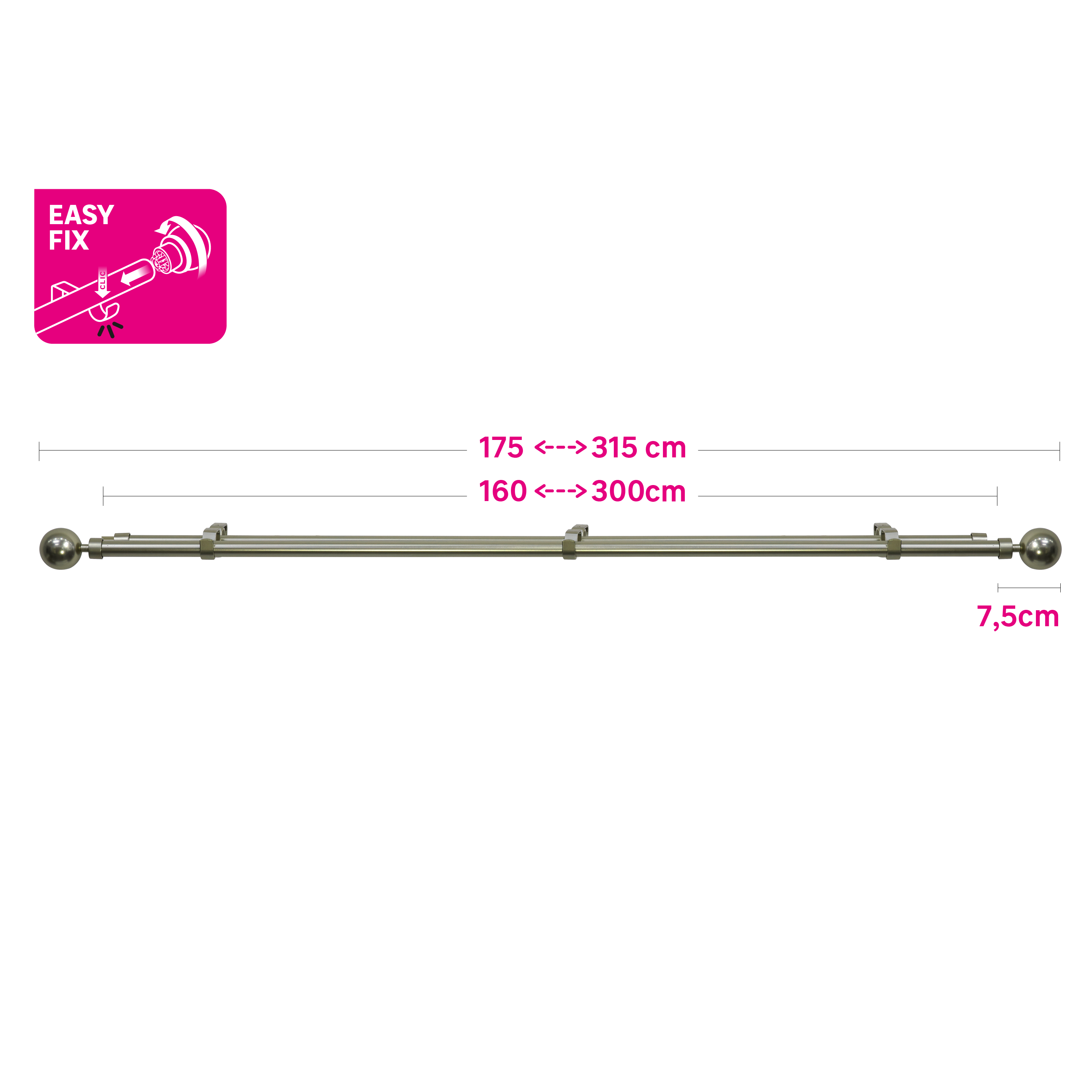 Kit varão extensível duplo Bola D16/19 160-300 cm Inspire níquel - 5