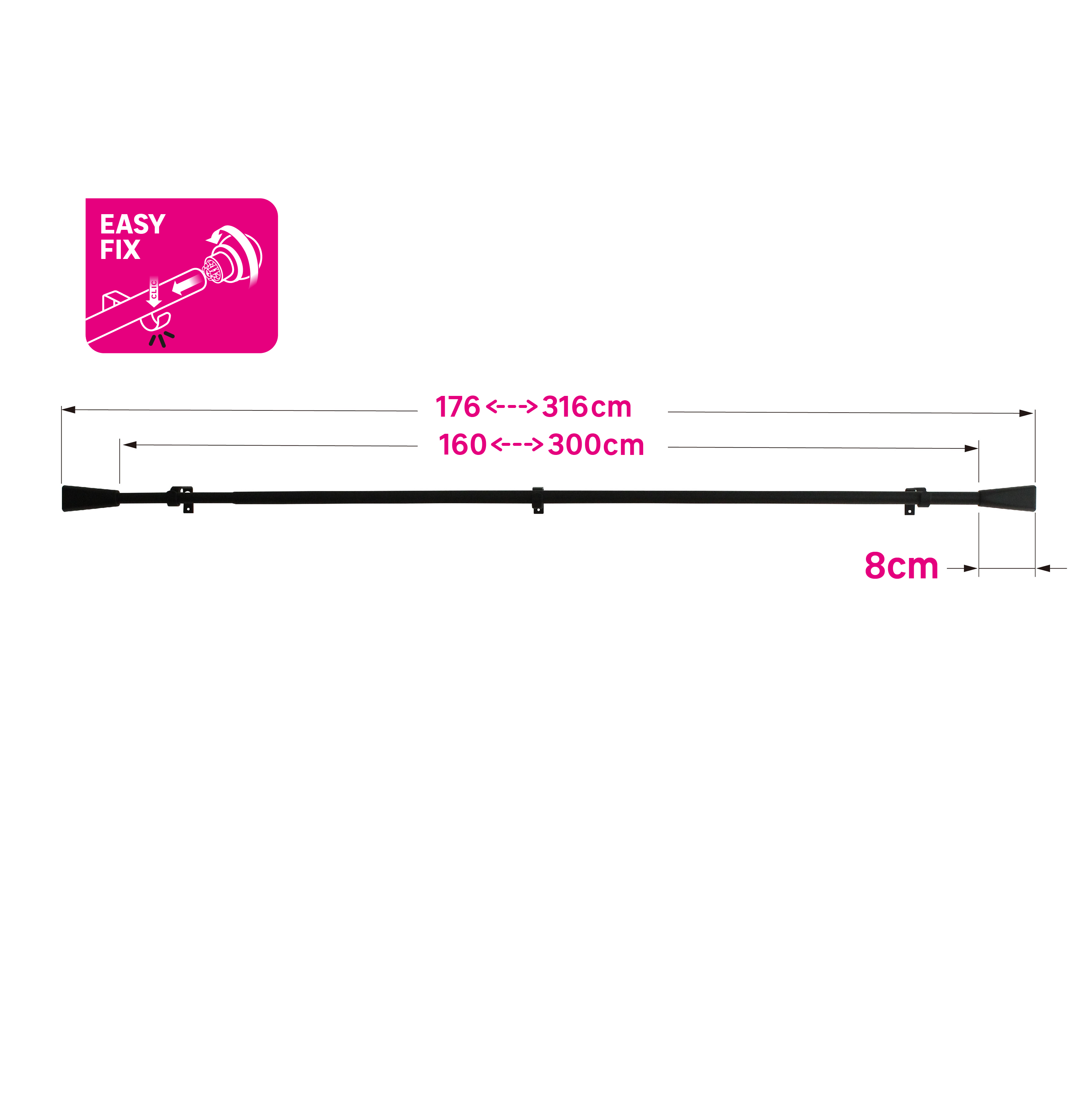 Kit varão extensível INSPIRE POMMEL D16/19CM 160-300CM PRETO - 4