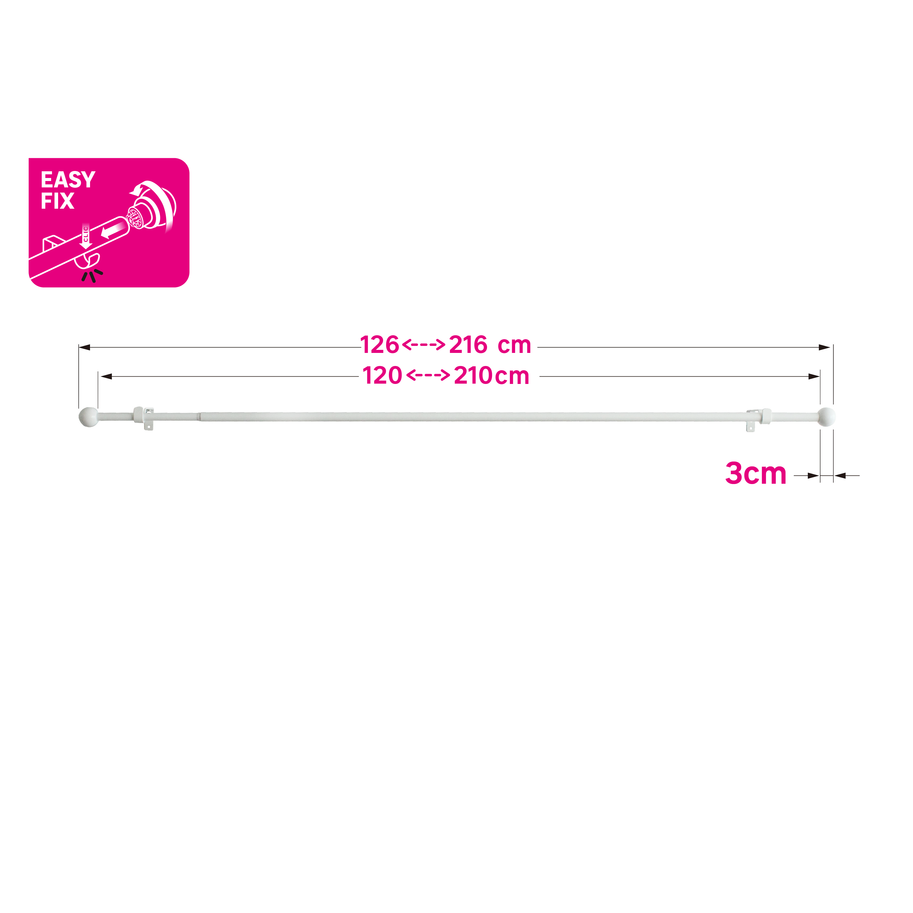 Kit 1 barra para cortina acero blanco mate sin perforación a pared Ball INSPIRE diámetro 16 mm extensible 120-210 cm - 2