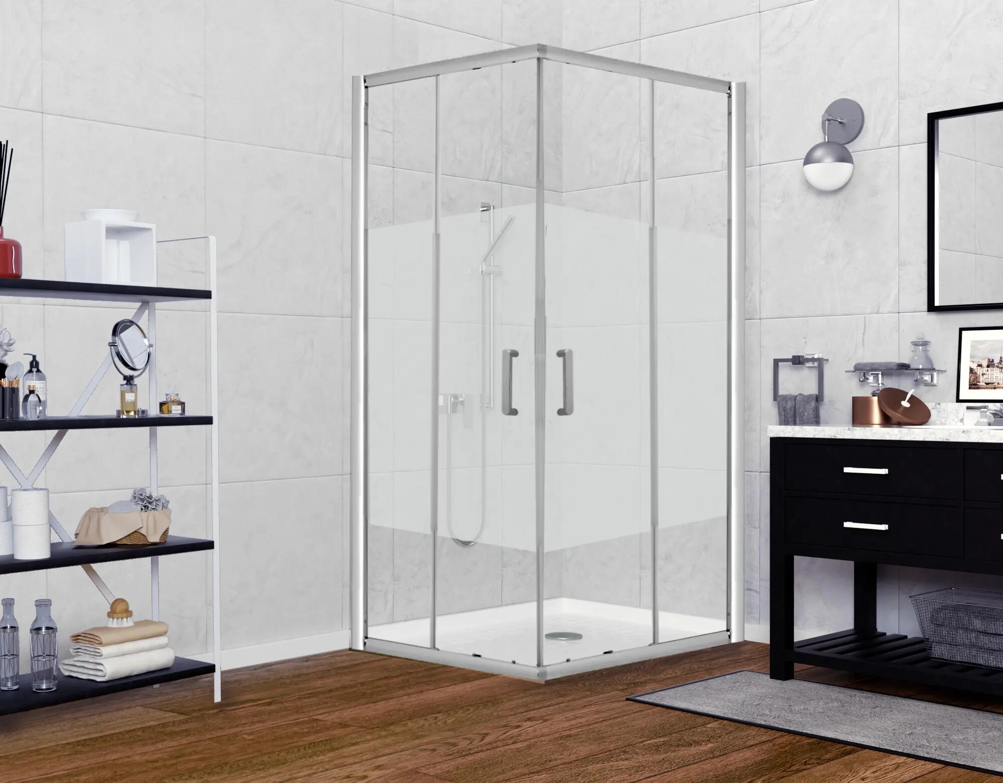 Mampara de ducha en esquina cuadrada corredera serigrafiada quad perfil aluminio plata (67.5-69)x190x190 cm cristal 6 mm con guía inferior marca sensea