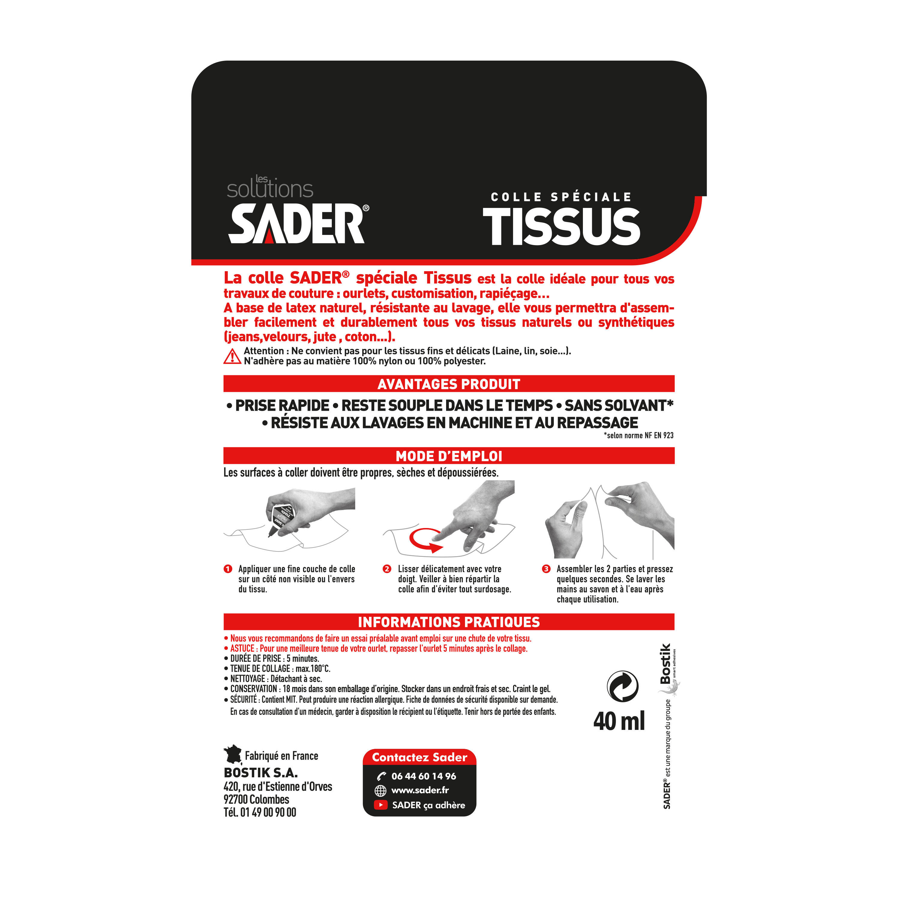 Colle de fixation gel Spéciale couture facile, tissus SADER, 40ml transparent - 7