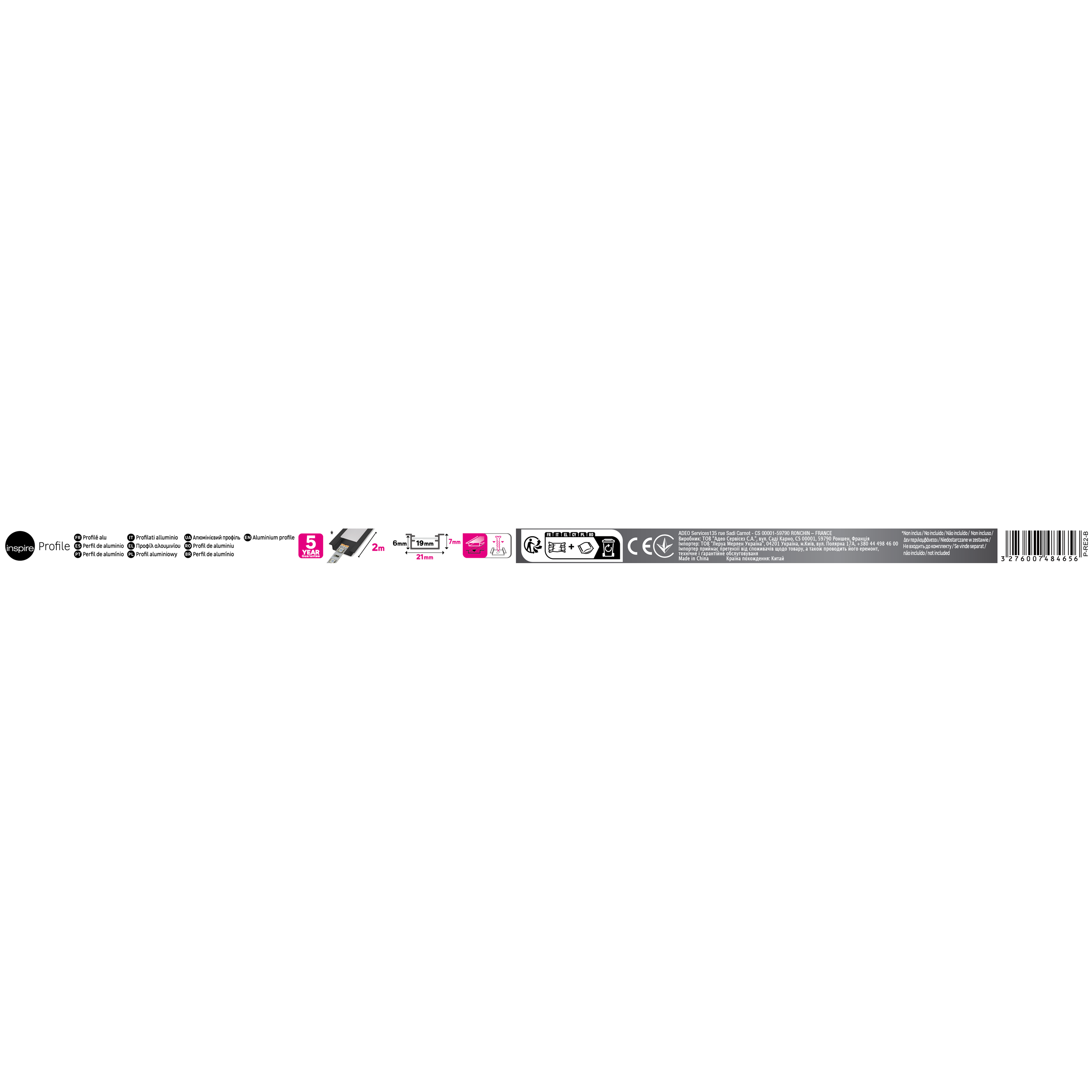 Profilé encastré 2 mètres pour ruban LED, noir, INSPIRE - 6