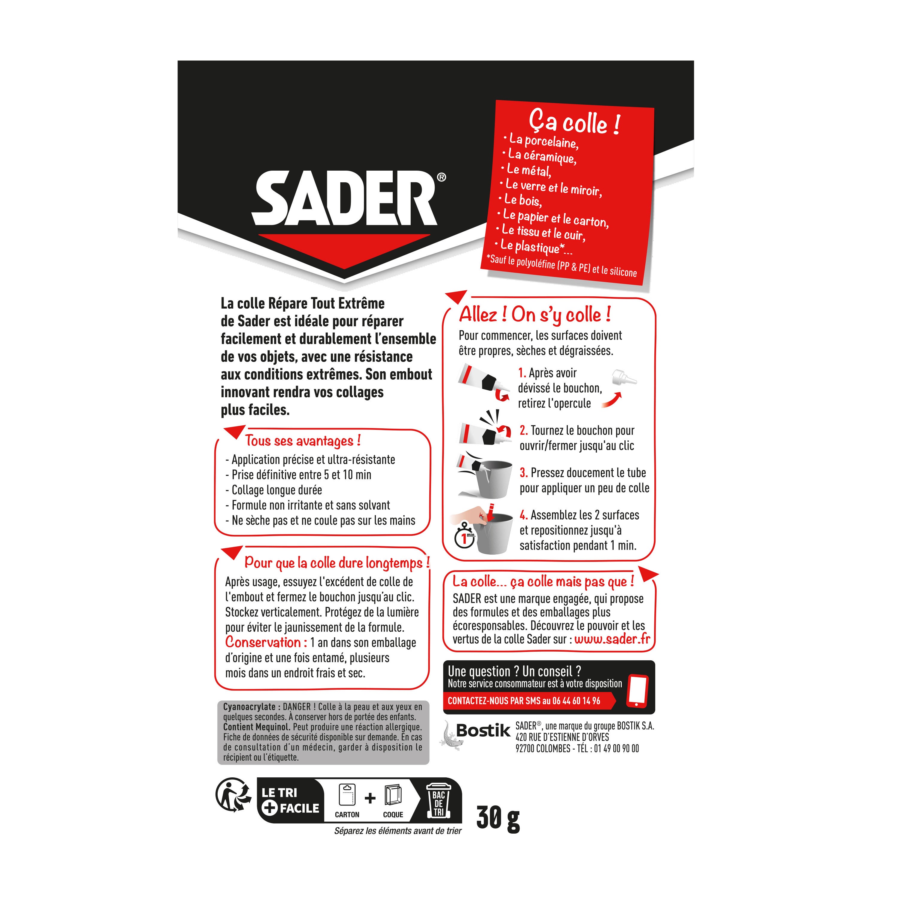 Colle d'assemblage gel cyanoacrylate SADER Répare tout extrême transparent, 30g - 5