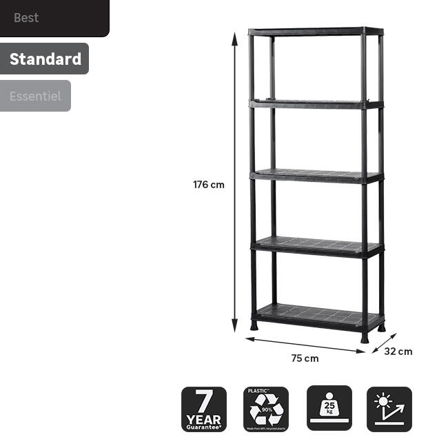 Scaffale in kit 5 ripiani PLUS SHELF 60/5 L 75 x P 32 x H 176 cm nero, portata per ripiano 30 kg - 7