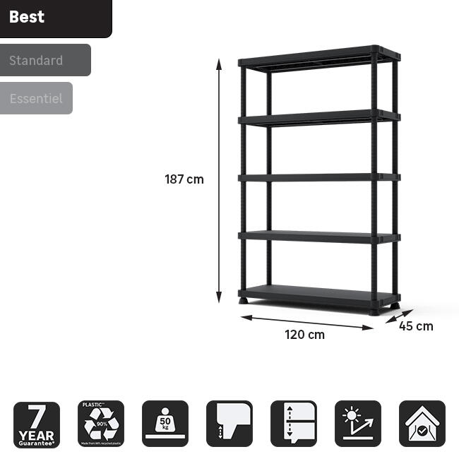 Scaffale in kit 5 ripiani L 120 x P 45 x H 187.5 cm nero, portata per ripiano 50 kg - 19