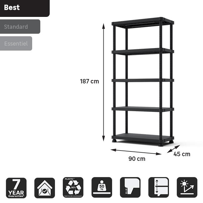 Scaffale in kit 5 ripiani L 90 x P 45 x H 187.5 cm nero, portata per ripiano 50 kg - 17