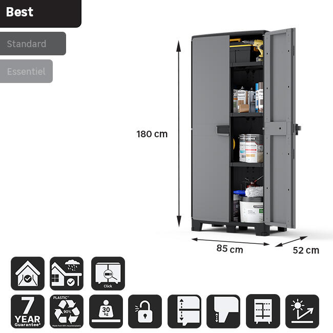 Armadio per scope Excellence SPACEO in polipropilene, grigio e nero L 85 x H 180 x P 52 cm 2 ante, adatto per interno/esterno - 24