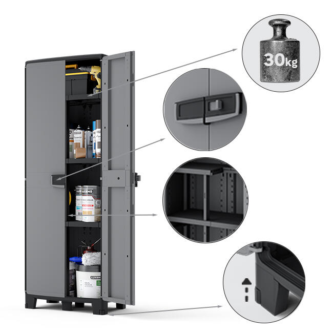 Armadio per scope Excellence SPACEO in polipropilene, grigio e nero L 85 x H 180 x P 52 cm 2 ante, adatto per interno/esterno - 13
