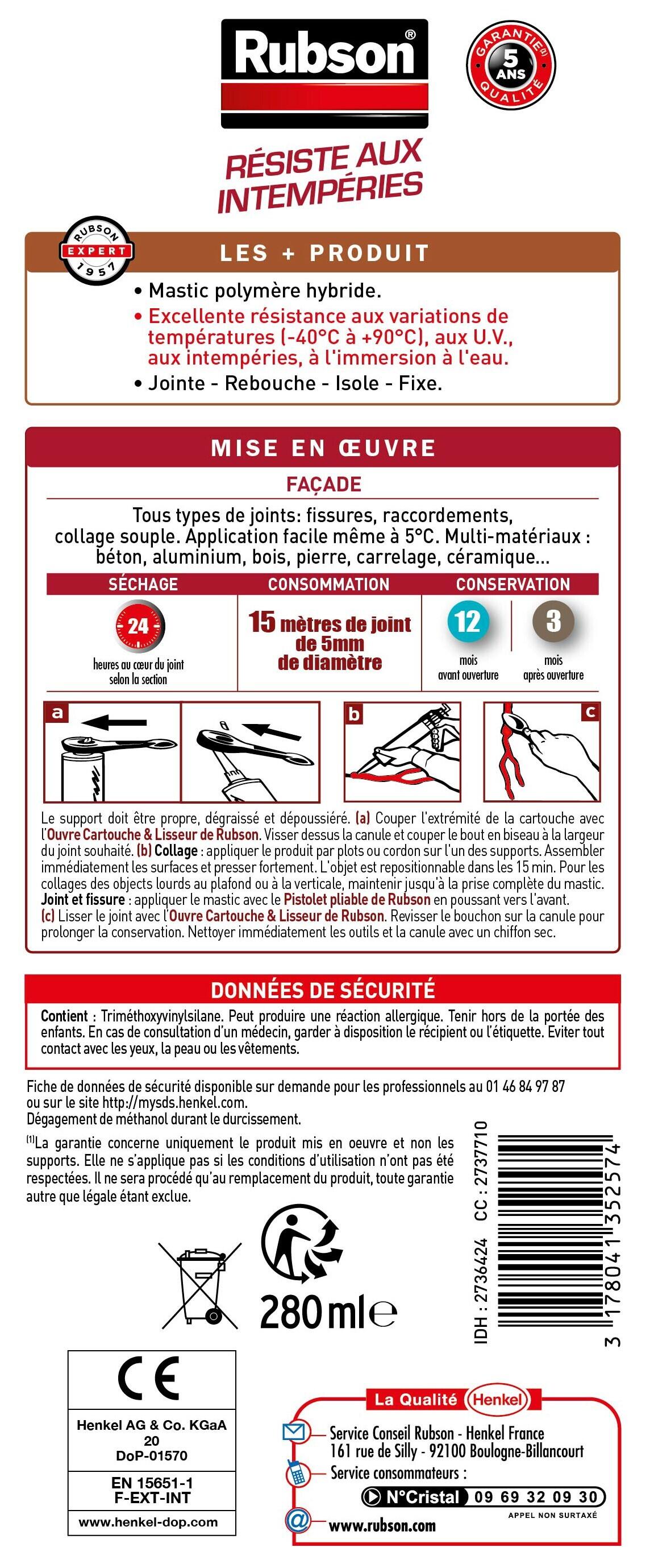 Mastic d'étanchéité Façades RUBSON gris foncé, 280 ml - 5