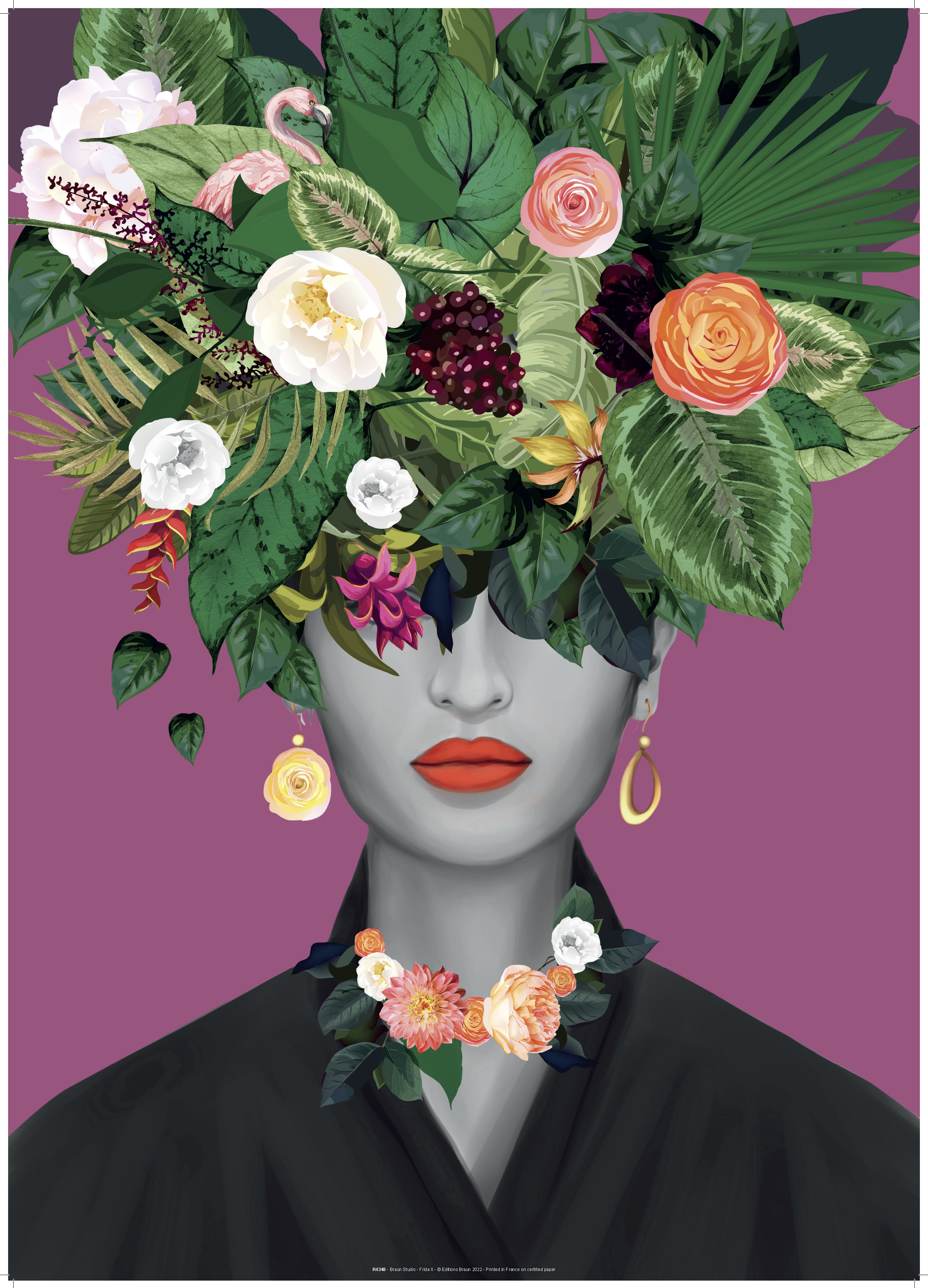 Affiche Frida 2, rose, noir, vert, blanc EDITIONS BRAUN l.70 x H.50 cm