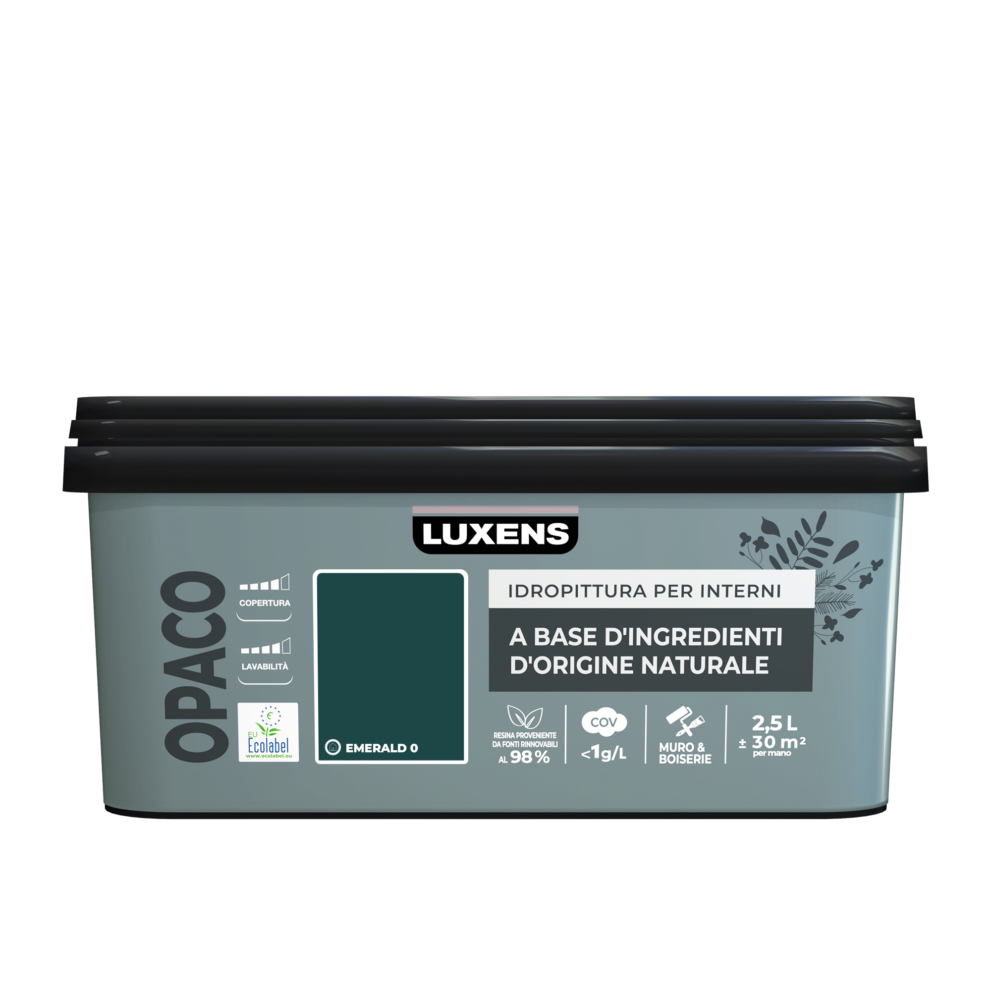 Pittura per interni per parete e soffitto lavabile, LUXENS Biobased verde emerald 0 opaco, 2.5 L - 2