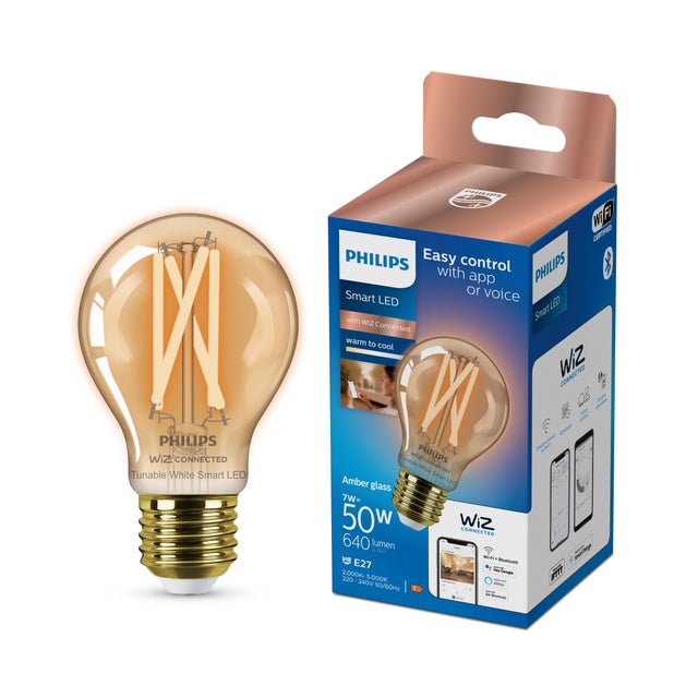 Lâmpada led smart vintage E27 640 Lm A60 ambar luz branca quente ou fria Wiz Philips

