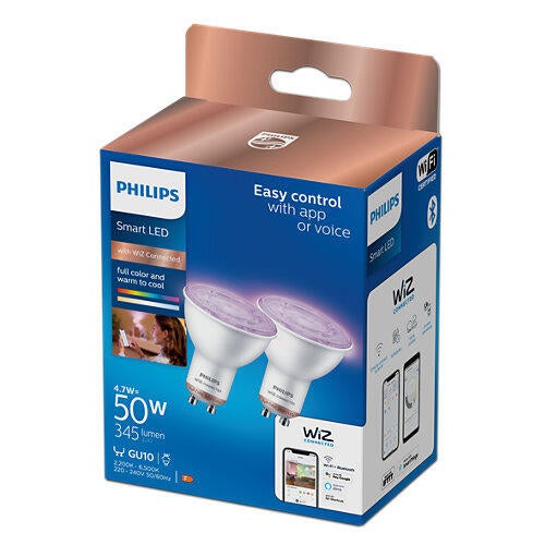 	
Pack de 2 bombillas inteligentes LED GU10 compatible con WIZ forma dicroica 345 lúmenes 4.7W CCT 2700K-6500K CRI>90 alta reproducción cromática clase energética F - 3