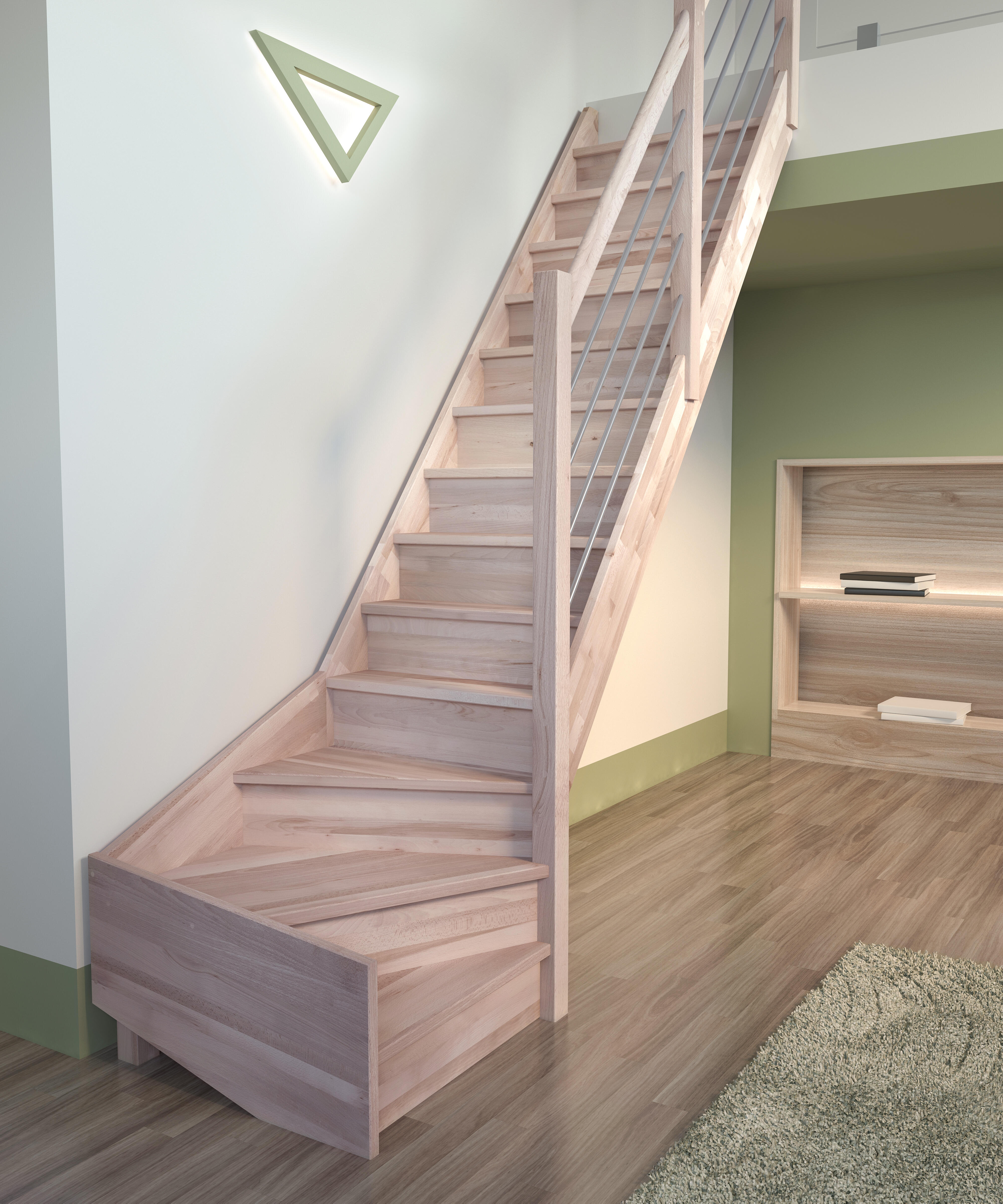 Escalera trendy uso interior de haya 1/4 de vuelta derecha con barandilla de alu
