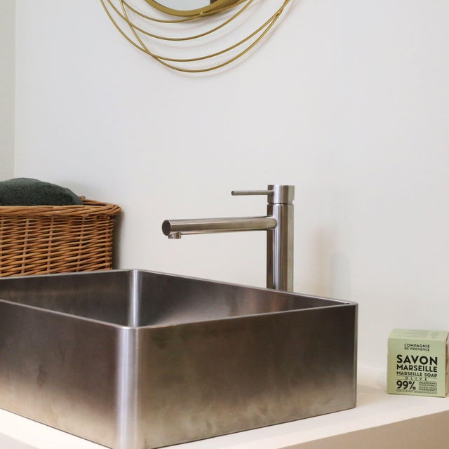 Mitigeur de lavabo finition inox XL, bonde incluse, Envol, ESSEBAGNO