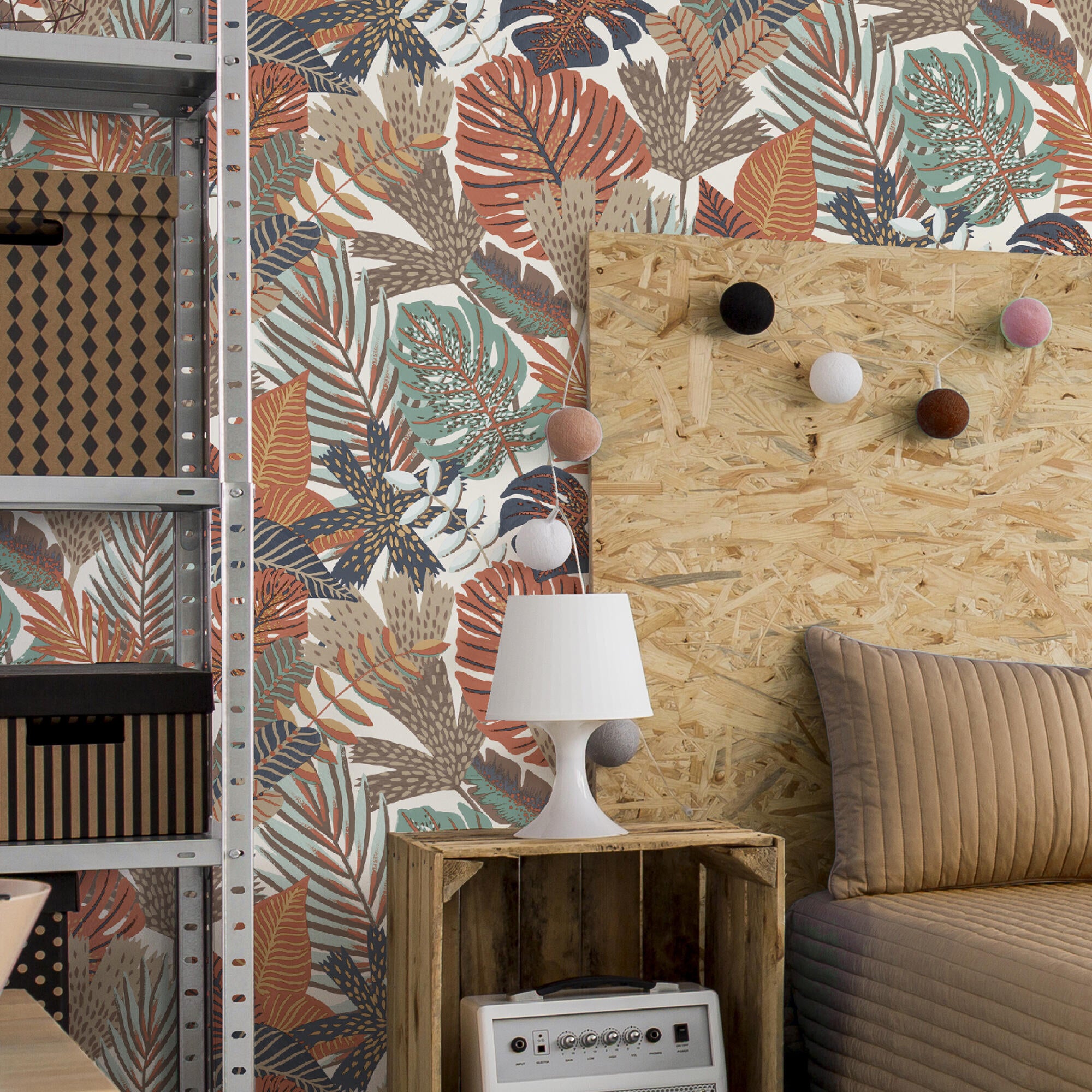 Papel pintado vinilo aplicación cola en pared naturaleza hojas multicolor ugepa 53cmx10.05m superlavable