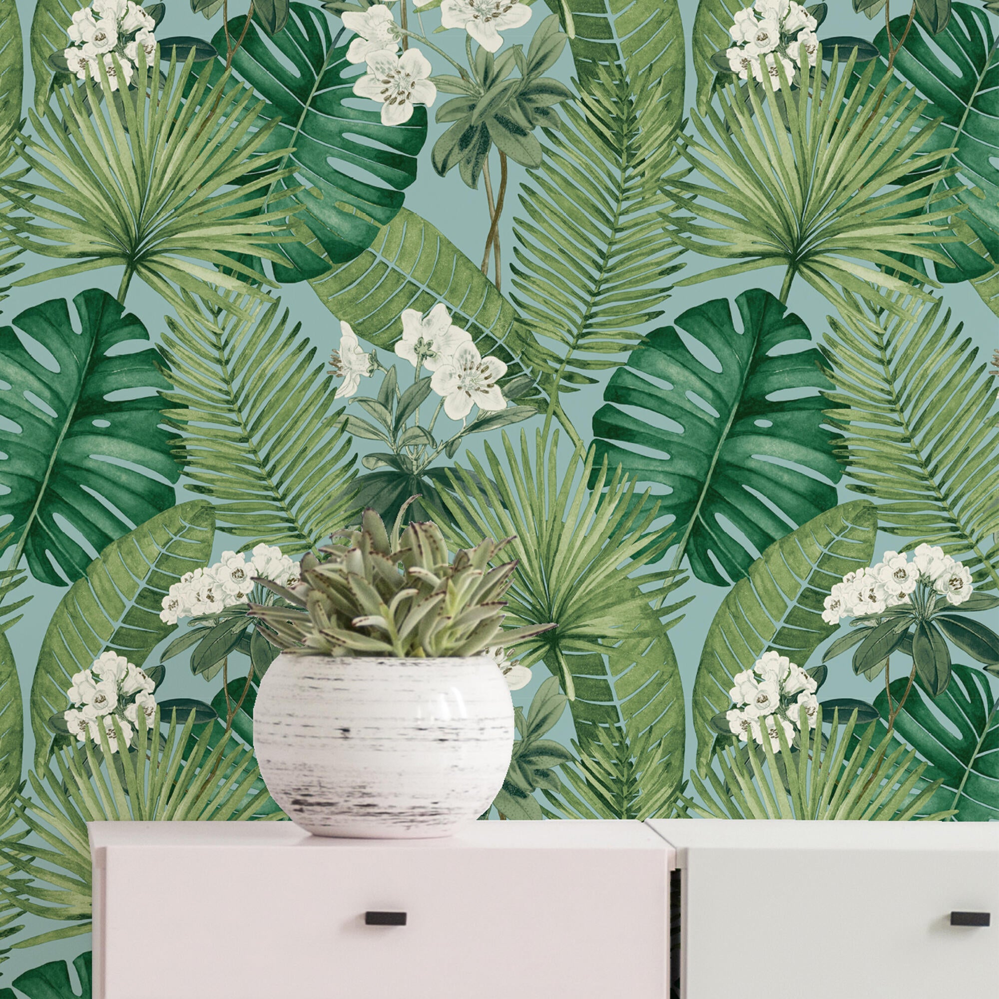 Papel pintado vinilo naturaleza hojas azul
