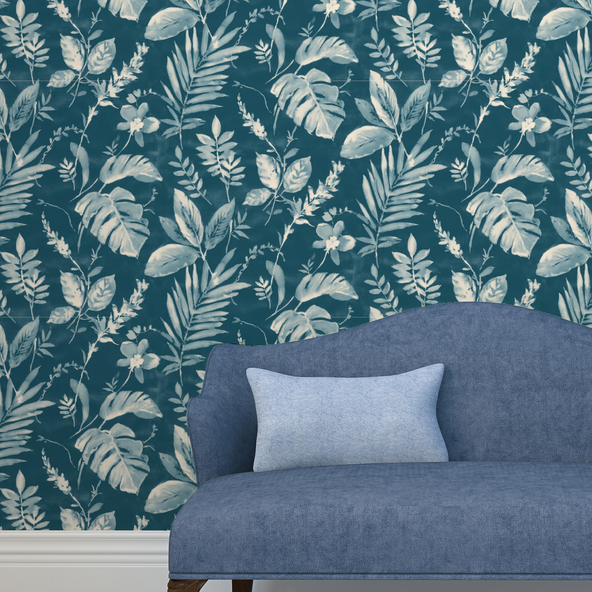 Papel pintado vinilo naturaleza hojas azul