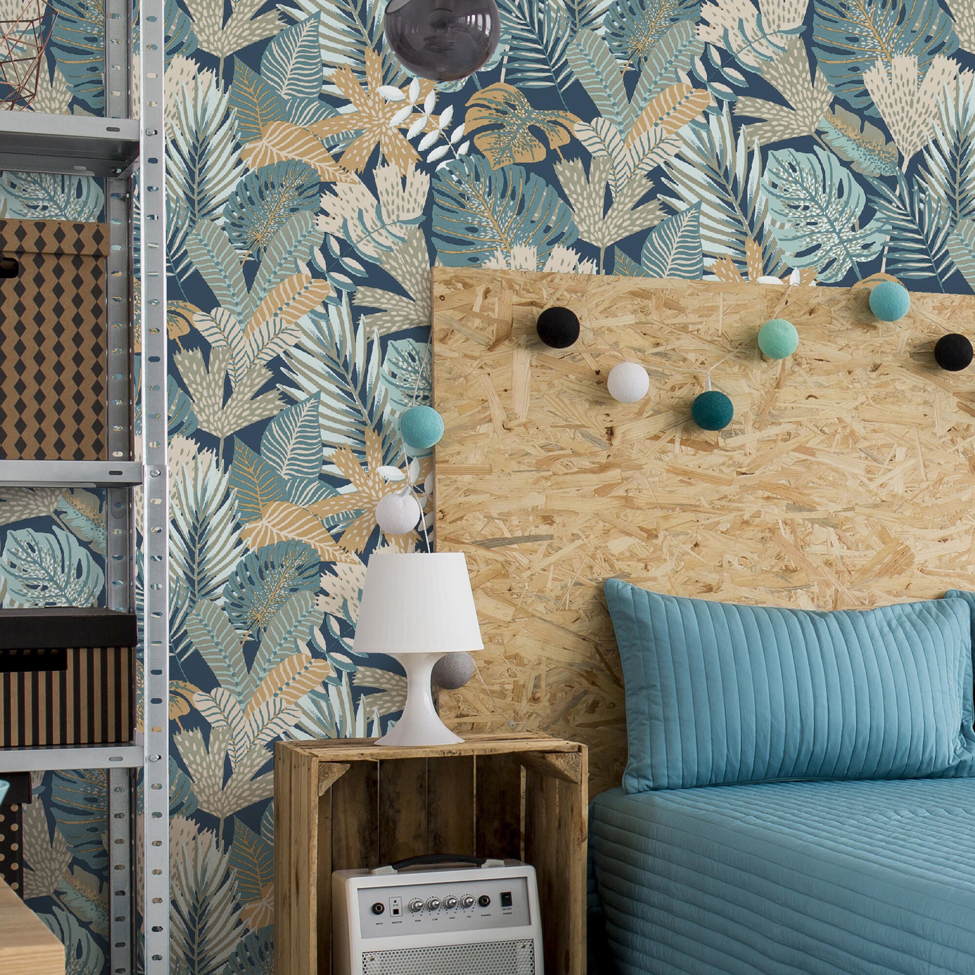 Papel pintado vinilo naturaleza hojas azul