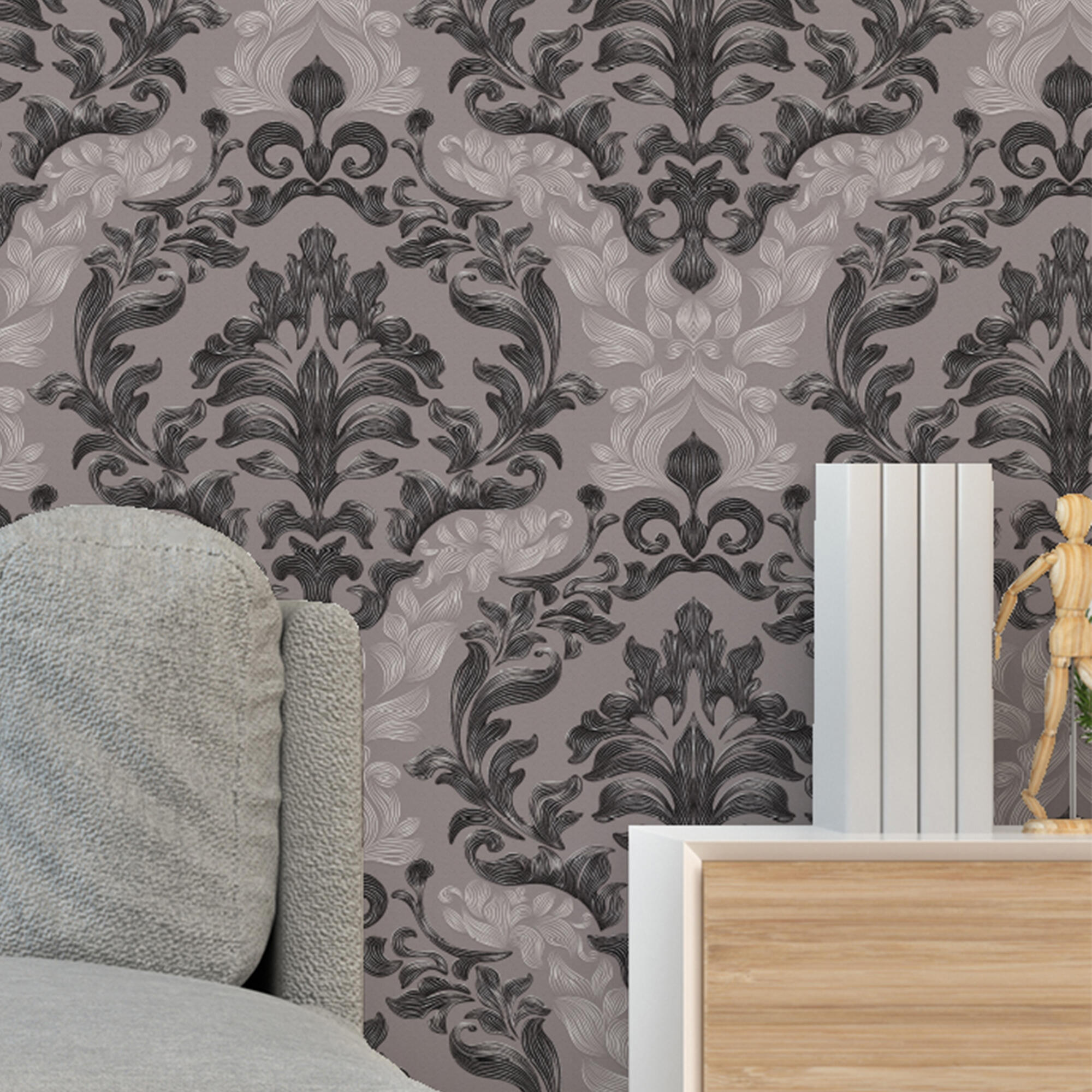 Papel pintado vinilo damasco gris vinelus cmx10m