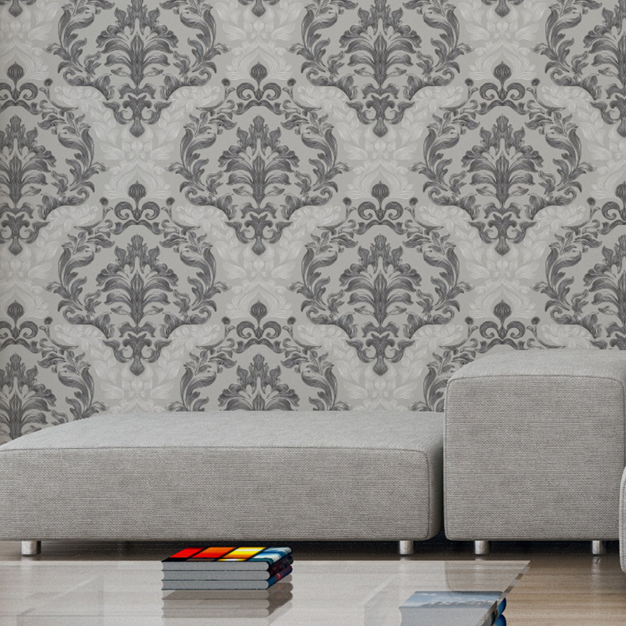 Papel pintado vinilo damasco gris vinelus cmx10m