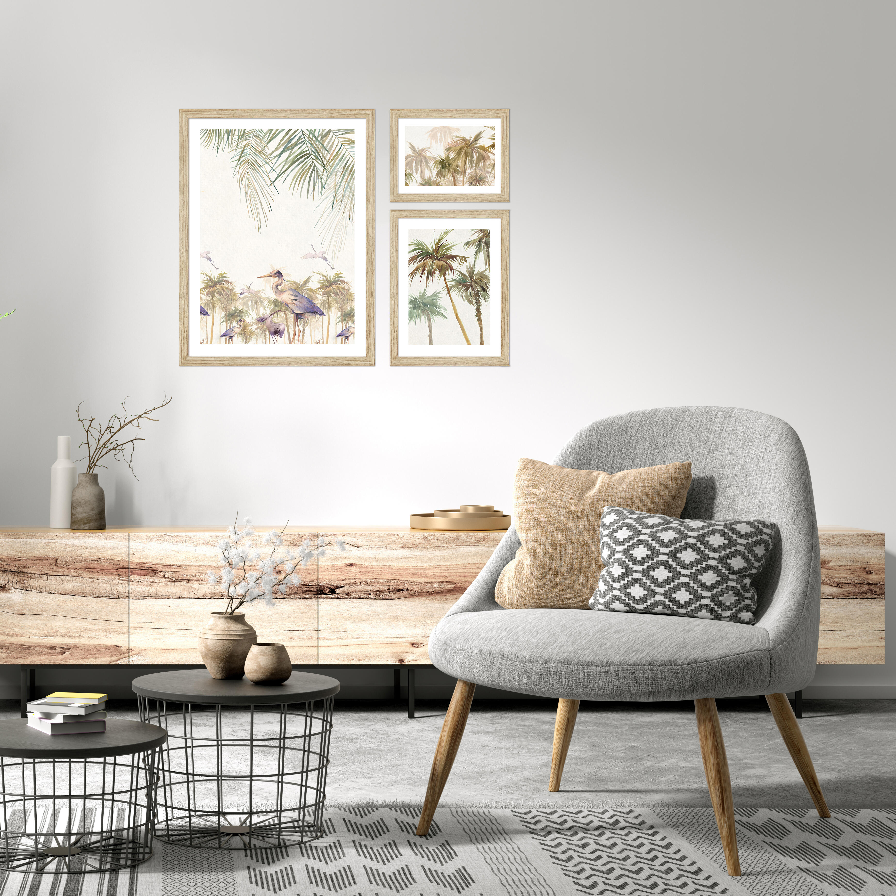 Set 3 cuadros taco palmeras acuarela 52.5 cm x 42 cm