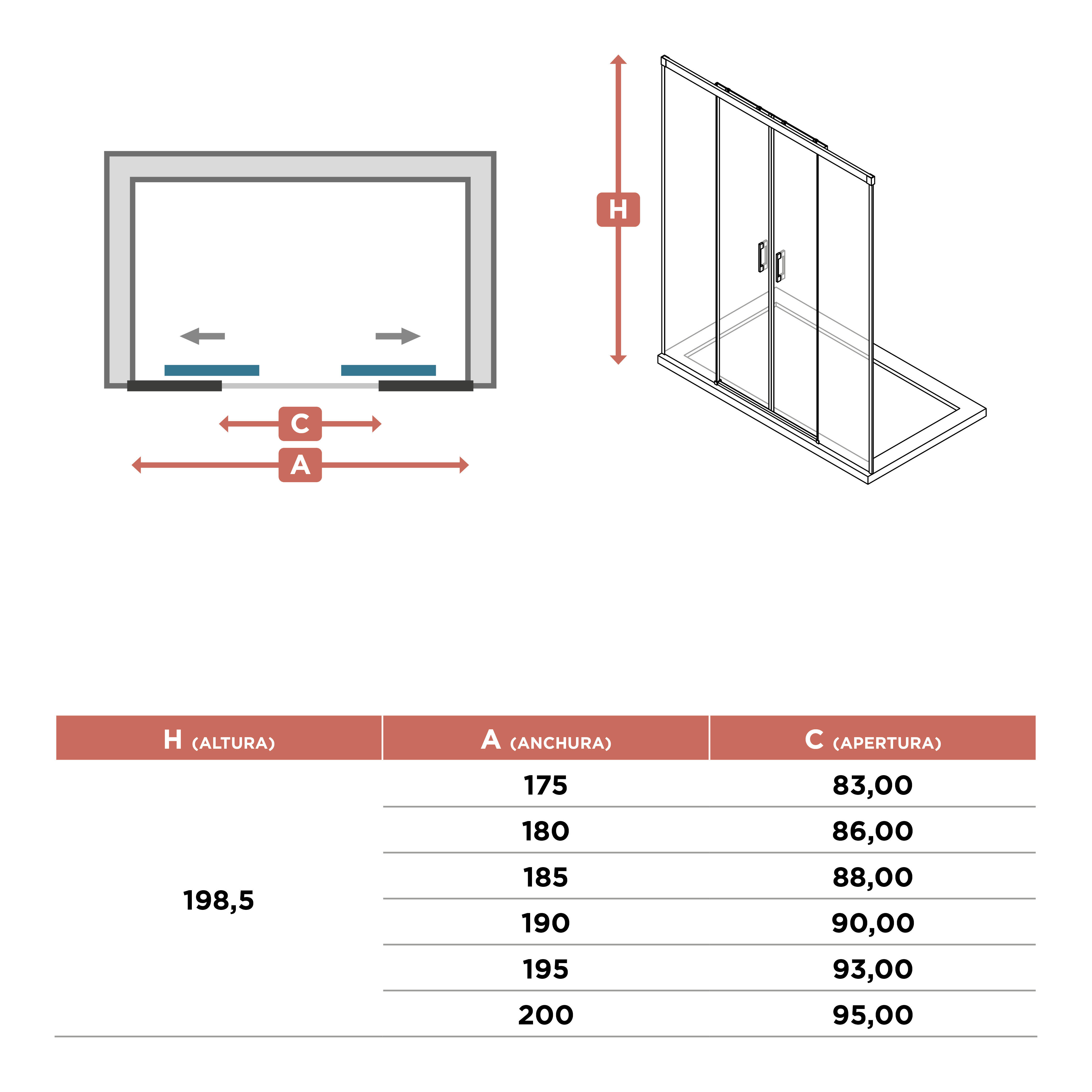 Mampara de ducha frontal 2 fijos + 2 puertas corredera transparente Vitria perfil aluminio cromo (135-140)x199.2 cm cierre magnético marca Glassinox - 3