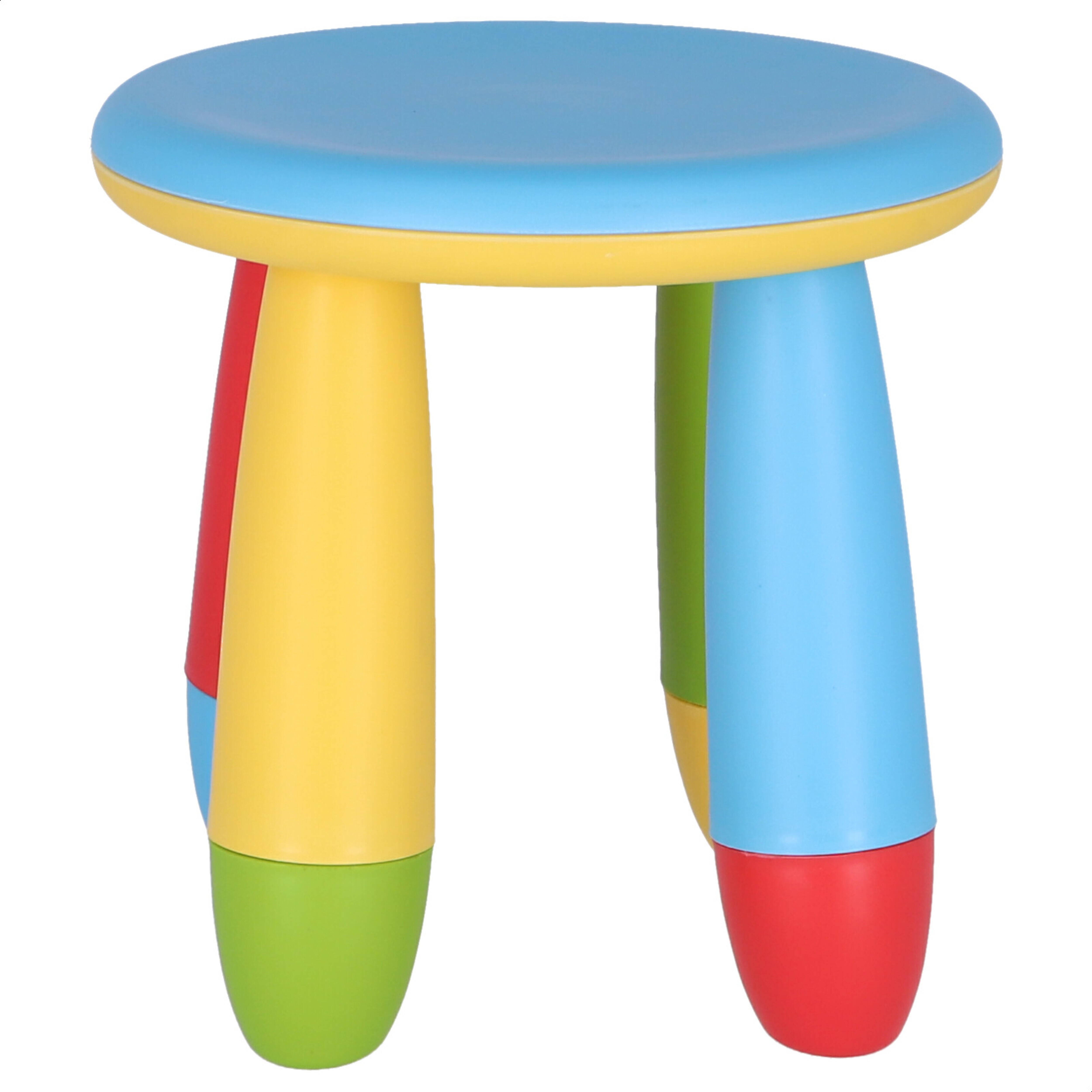 Taburete infantil de plástico color azul y patas multicolor de 30x26x30 cm