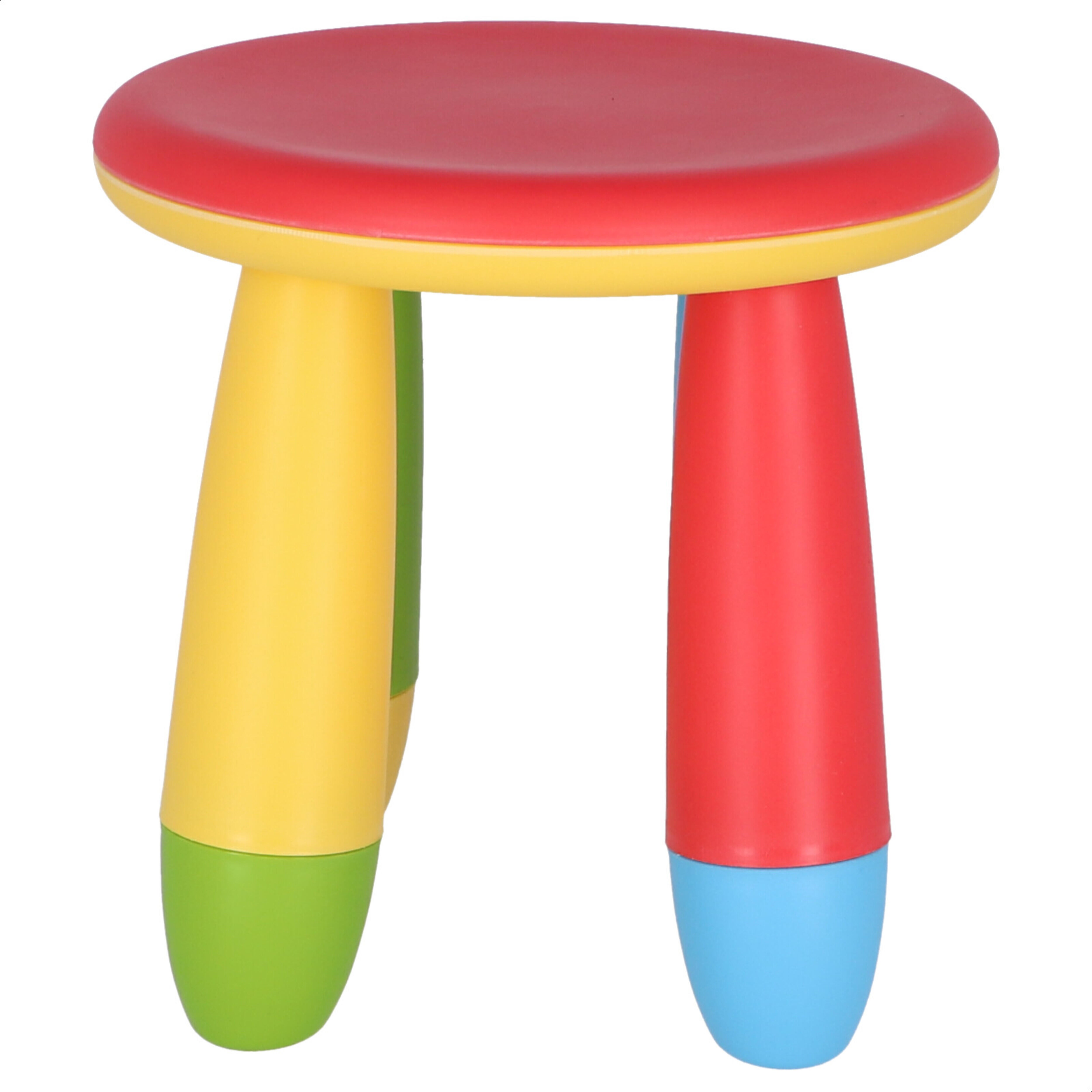 Taburete infantil de plástico color rojo y patas multicolor de 30x26x30 cm