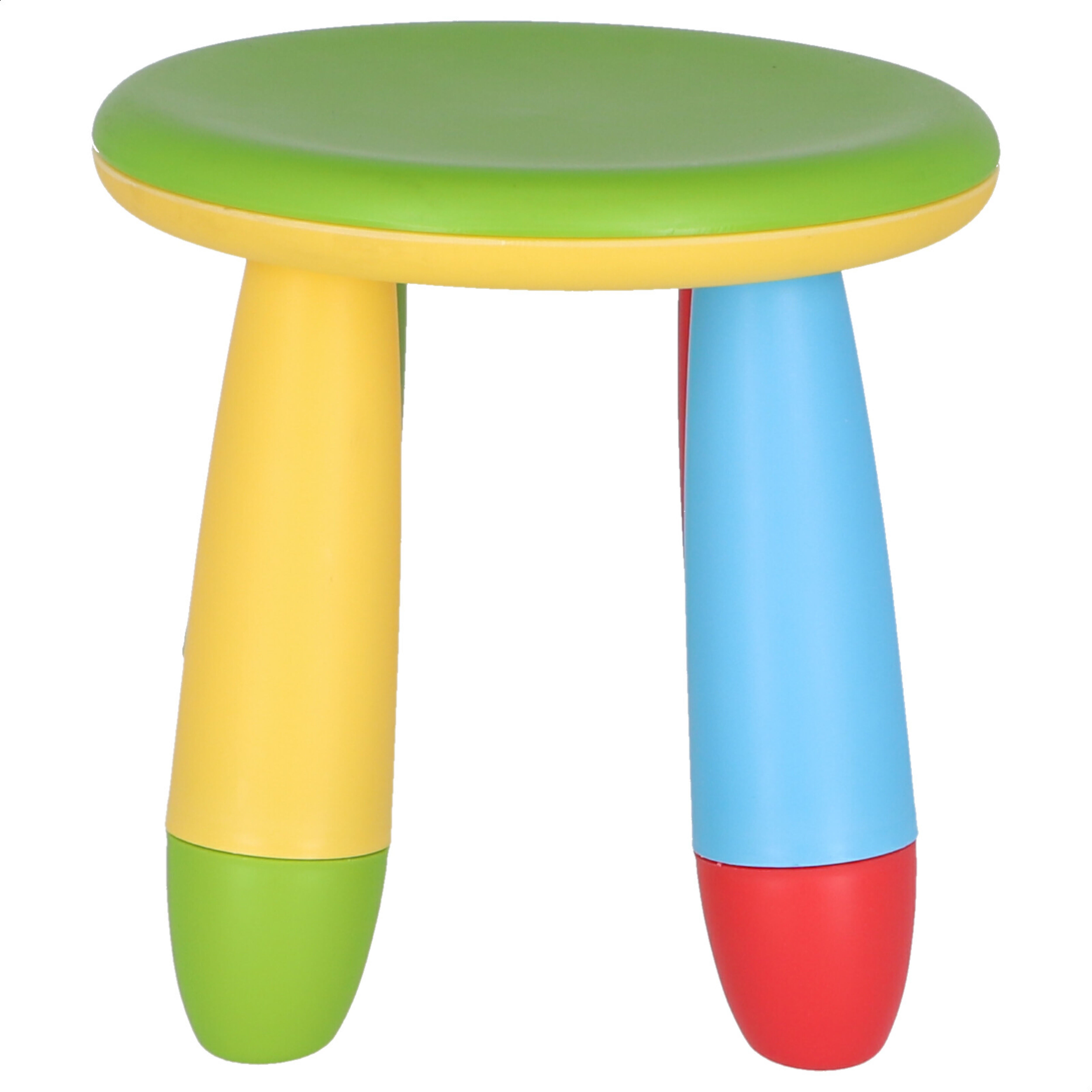 Taburete infantil de plástico color verde y patas multicolor de 30x26x30 cm