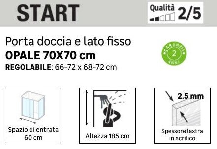 Porta doccia pieghevole L 66-72 cm x H 185 cm per nicchia in acrilico smerigliato SP. 2.8 mm, profilo lucido bianco, serie Opale - 2