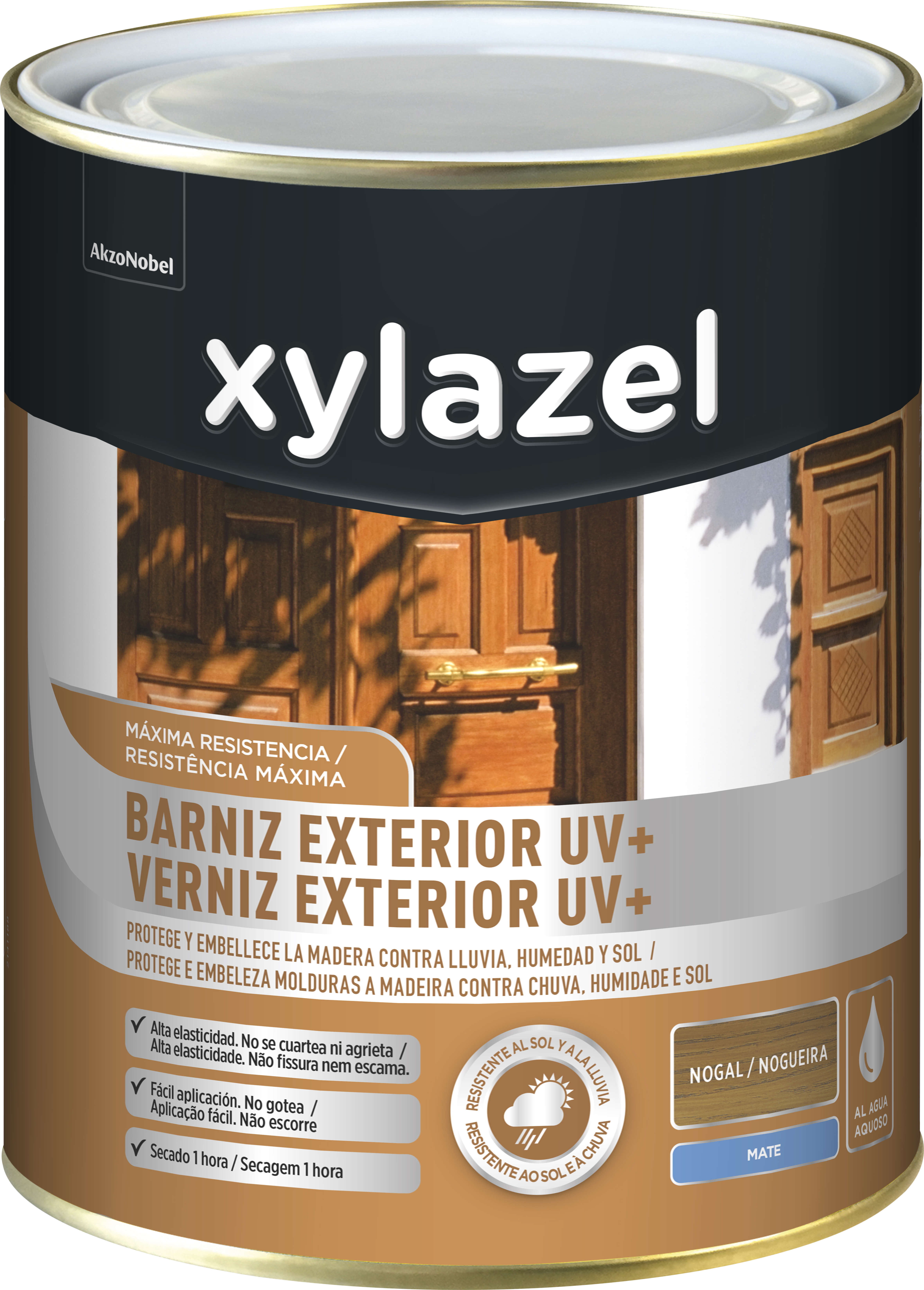 Barniz de madera de exterior color nogal para ventana, puerta, persiana, valla, mobiliario, cancela xylazel mate 2.5l base agua