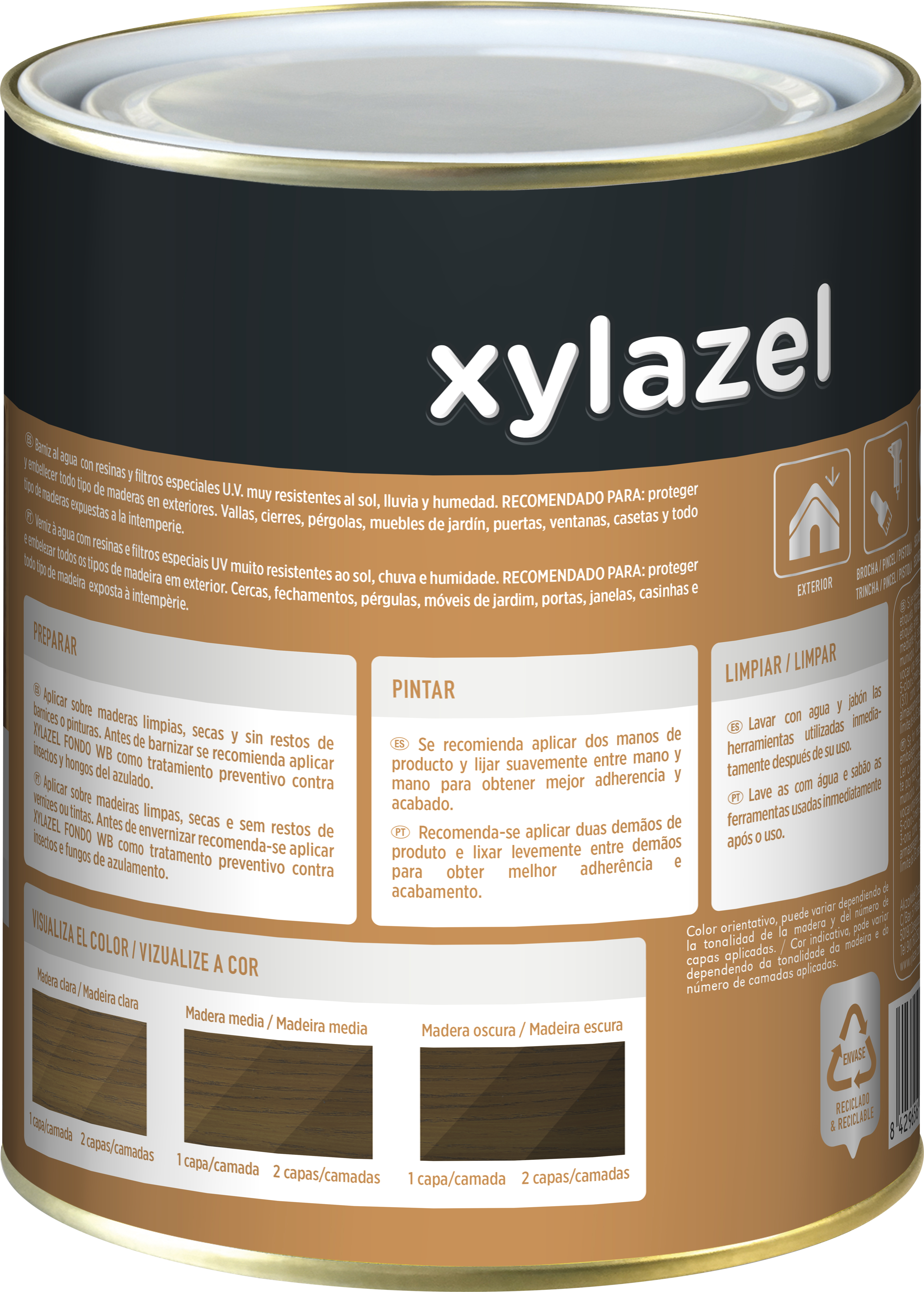 Barniz de madera de exterior color nogal para ventana, puerta, persiana, valla, mobiliario, cancela XYLAZEL mate 2.5L base agua - 5