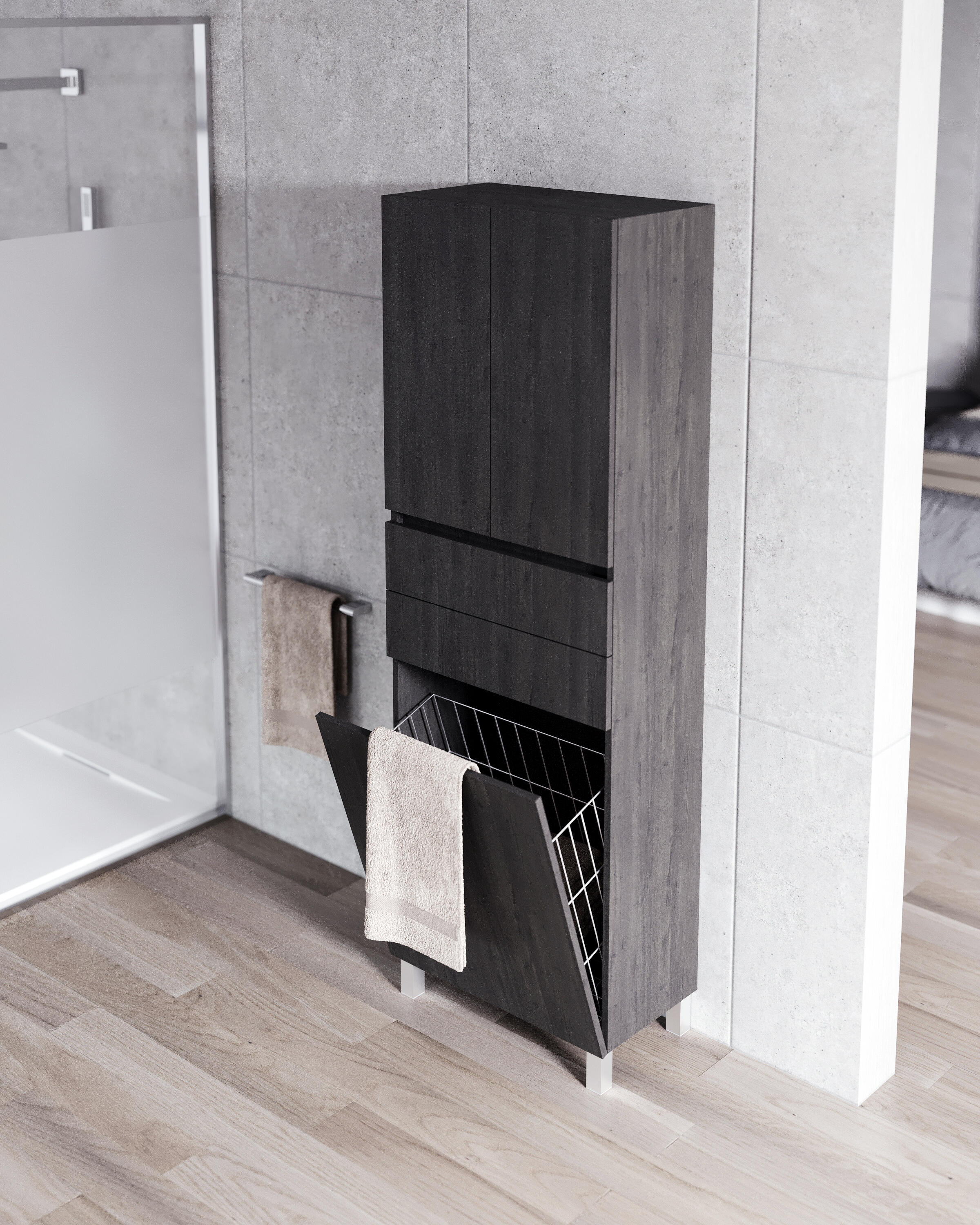 Móvel coluna arrumação casa de banho com cesto 60x172x31,5 cm cinzento escuro Zeus - 9