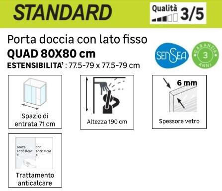 Porta doccia battente Quad L 80.5 cm x H 190 cm x SP 6 mm, profilo argento, vetro serigrafato - 6