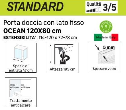 Porta doccia scorrevole L 114-120 cm x H 195 cm per nicchia in vetro trasparente SP. 5 mm, profilo satinato cromo, serie Ocean - 2