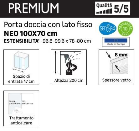Pannello laterale per box doccia Neo L 70 x H 200cm, Sp. 8 mm vetro vetro senza finitura / trasparente profilo in alluminio cromato - 4