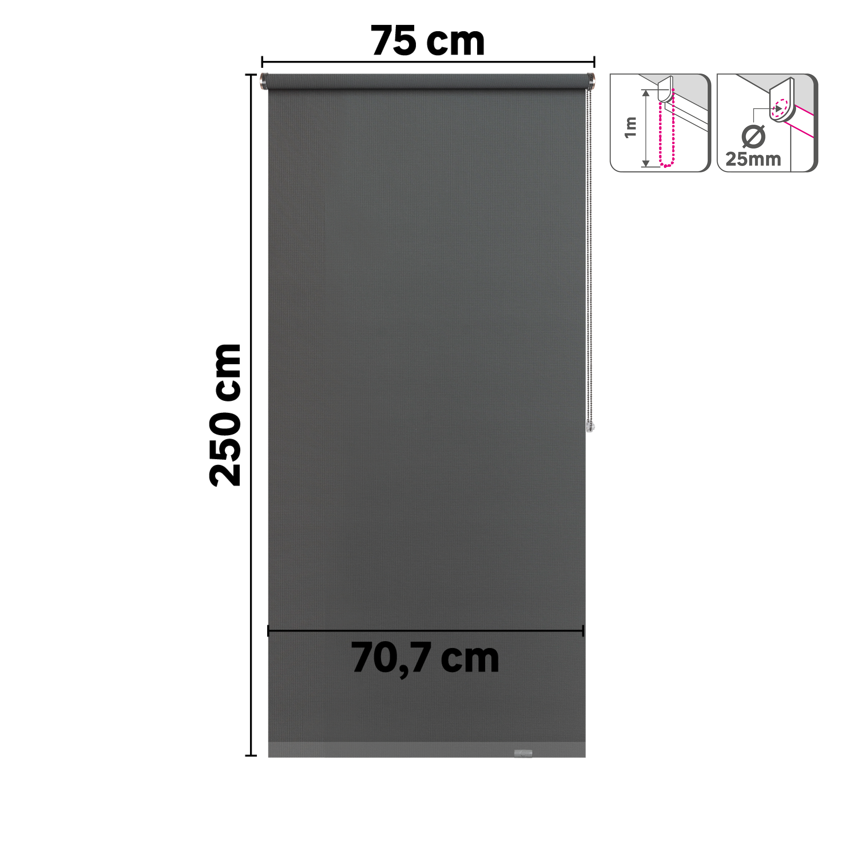 Estor enrollable screen 10% térmico con cadena Salsa poliéster liso gris granite INSPIRE de 75x250cm. Instalación sin taladrar - 15
