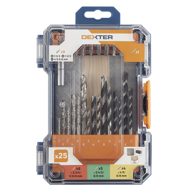 Ensemble de forets et d'embouts bois / acier / construction DEXTER, 25 pièces
