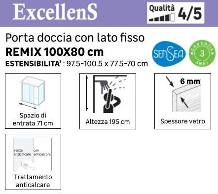 Porta doccia saloon L 77.5-80.5 cm x H 195 cm per nicchia in vetro trasparente SP. 6 mm, profilo opaco nero, serie Remix - 7