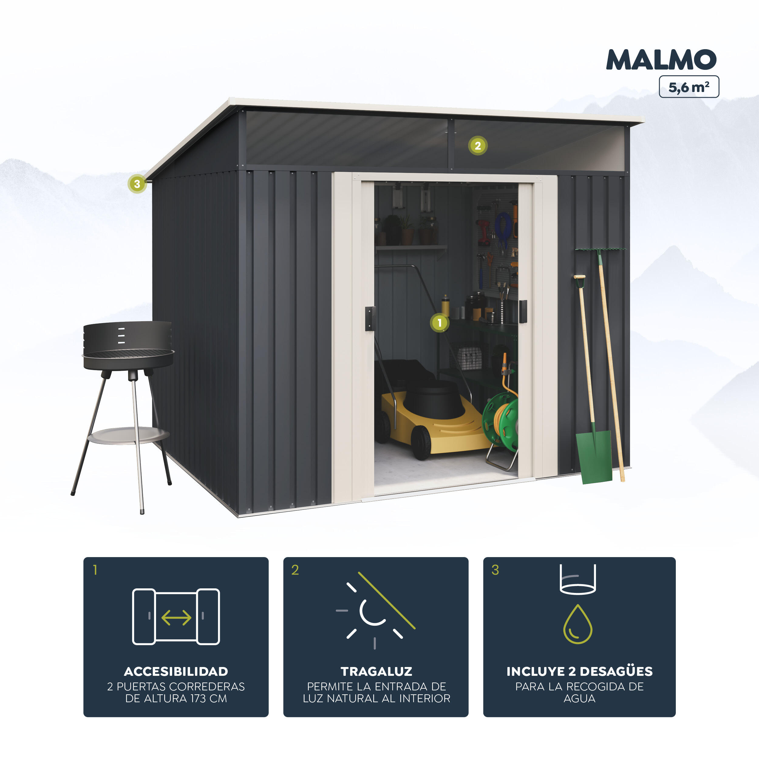 Caseta de acero Malmo II de 239x203x236 cm y 5.6 m2 con 0.25 mm espesor y doble puerta corredera HOGGAR - 10