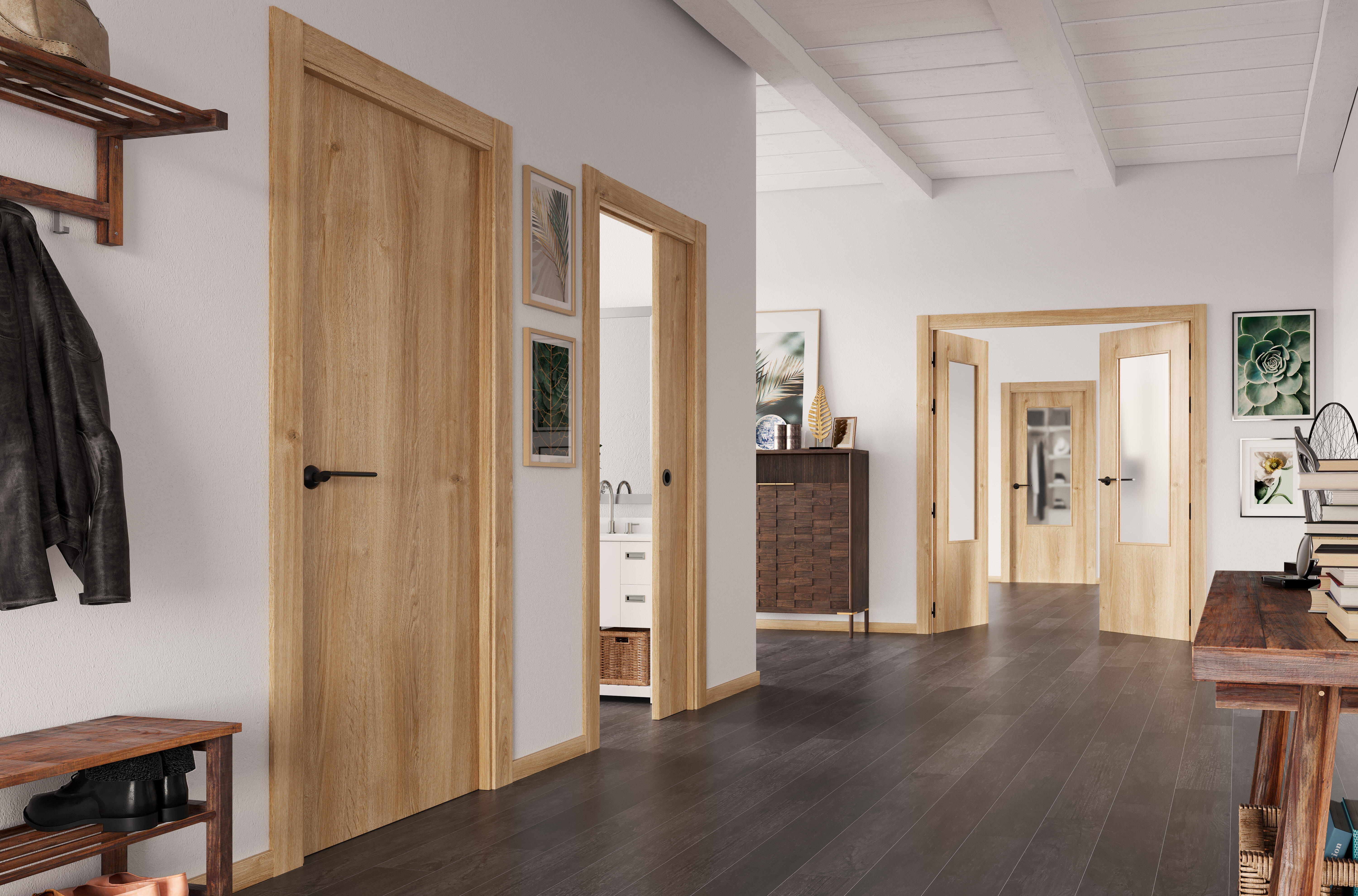 Puerta de interior abatible ciega maciza acabado laminado Line Plus Lisboa Roble apertura derecha cerco de 9x3 anchura 72.5 cm - 2