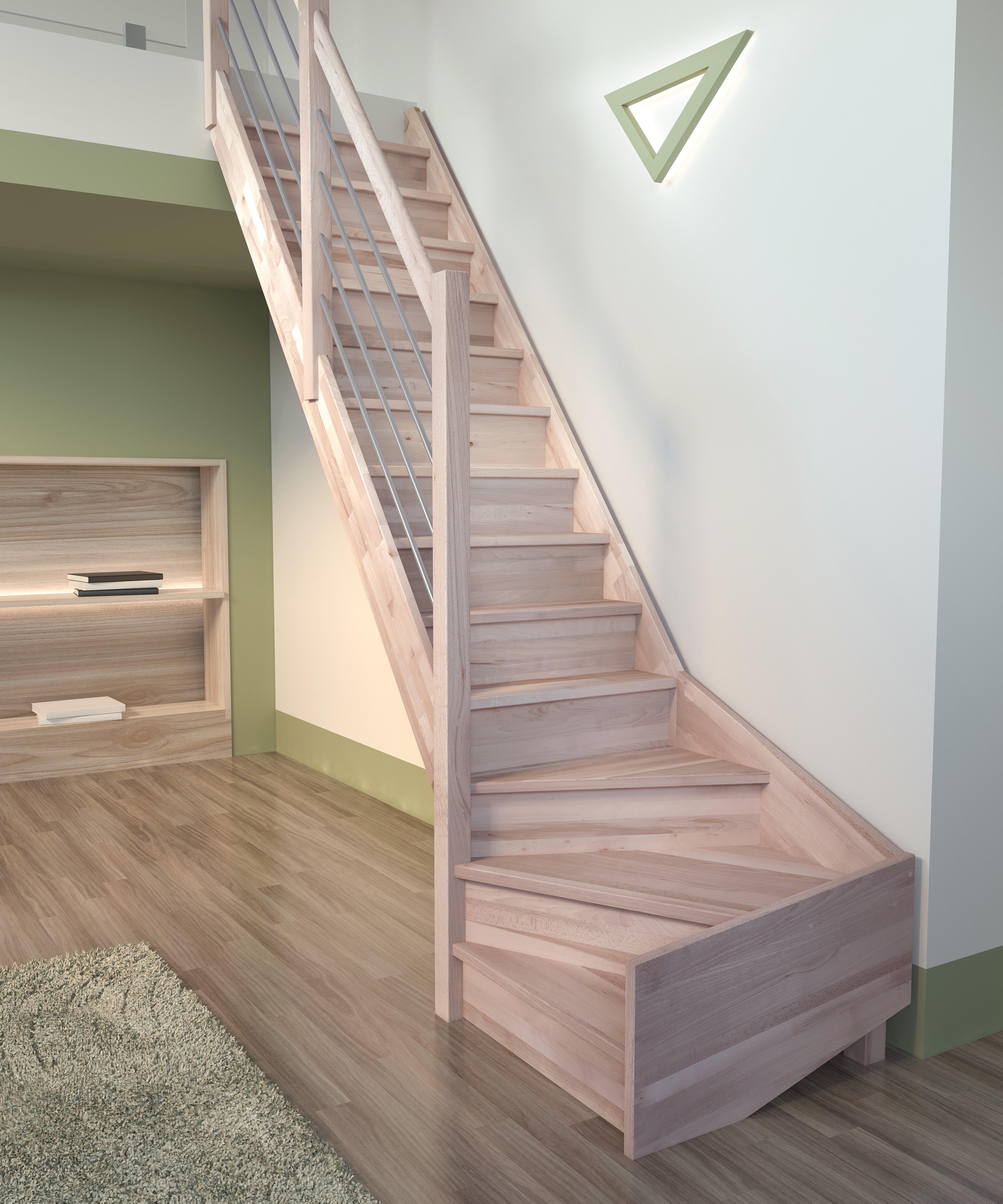 Escalera trendy uso interior de haya 1/4 de vuelta izq con barandilla de alumini
